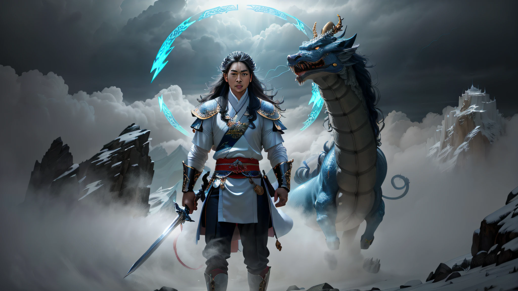 {best quality}, masterpiece, {highres}, original, extremely detailed 8K , photorealistic,intricate detail,, highlydetailed, ultra-detailed,ray tracing,(loong midair, flying,Looking at the camera,misty,fog, ), Dark clouds cover the sky,misty,(1boy,solo, long hair, holding sword, lightning surround, standing,fight), daoist, cinematic lighting, fire and ice split,daoist practice, spiral loong, cloud loong at the top,