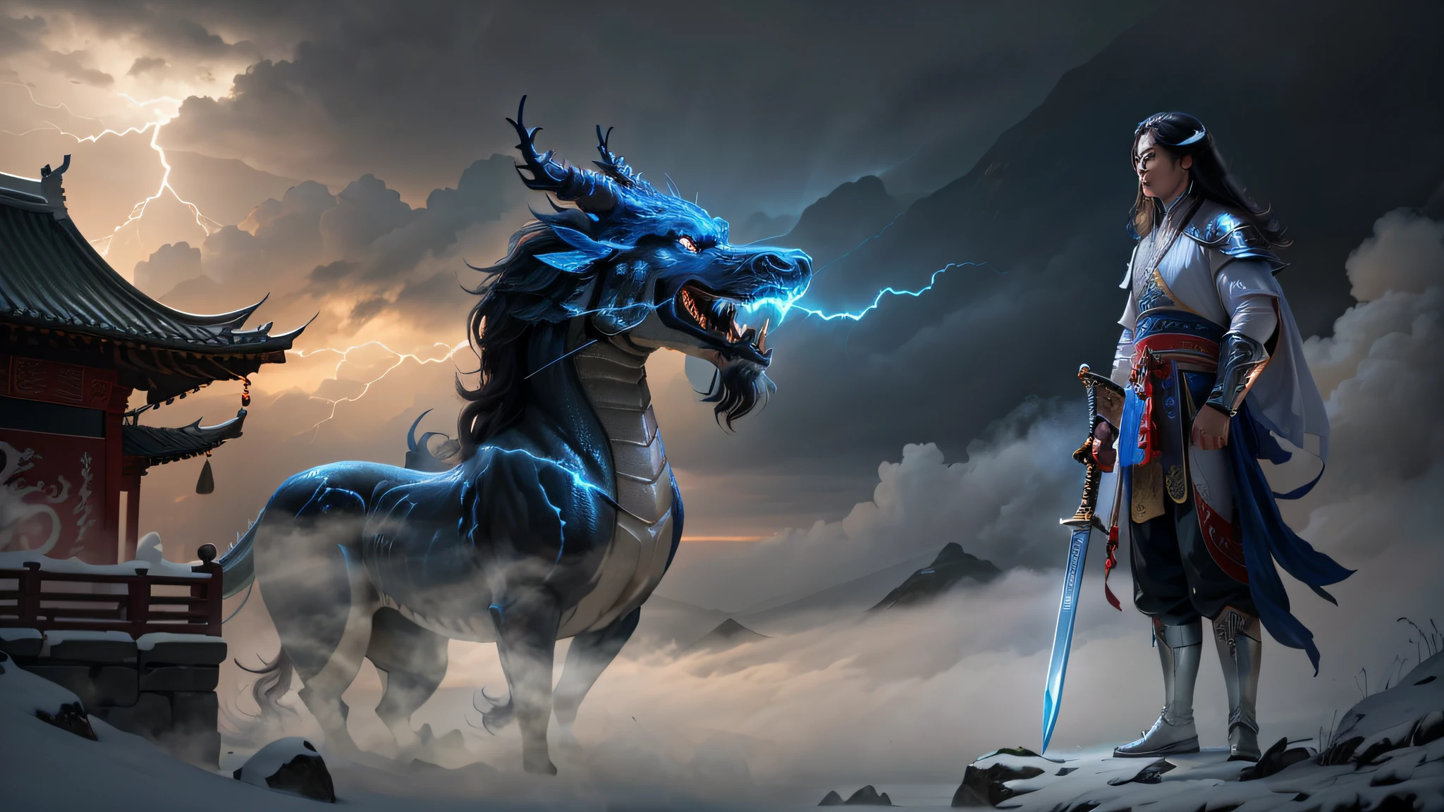{best quality}, masterpiece, {highres}, original, extremely detailed 8K , photorealistic,intricate detail,, highlydetailed, ultra-detailed,ray tracing,(loong midair, flying,Looking at the camera,misty,fog, ), Dark clouds cover the sky,misty,(1boy,solo, long hair, holding sword, lightning surround, standing,fight), daoist, cinematic lighting, fire and ice split,daoist practice, spiral loong, cloud loong at the top,