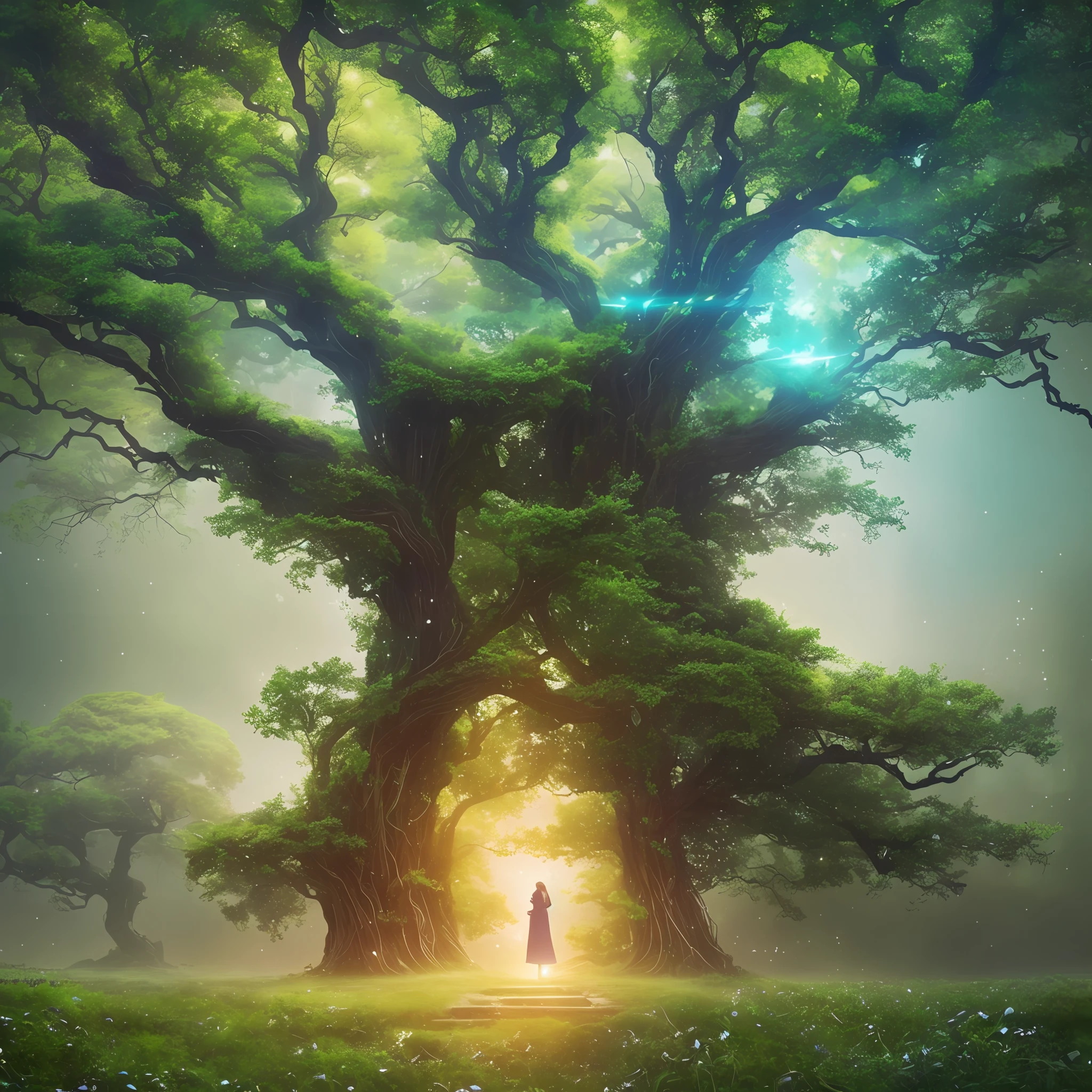 /imagine prompt: An exceptional concept for an NFT (Non-Fungible Token) artwork that combines elements of nature and technology. The artwork should depict a majestic tree with branches adorned with intricate circuitry, emitting soft glowing lights. The tree's roots should merge with a vibrant digital landscape, symbolizing the harmonious coexistence of nature and digital innovation. The artwork should evoke a sense of awe and wonder, inviting viewers to contemplate the fusion of organic and technological realms. Artwork, using a combination of digital painting and 3D rendering techniques to create a captivating and immersive visual experience, --ar 16:9 --v 5 --auto --s2