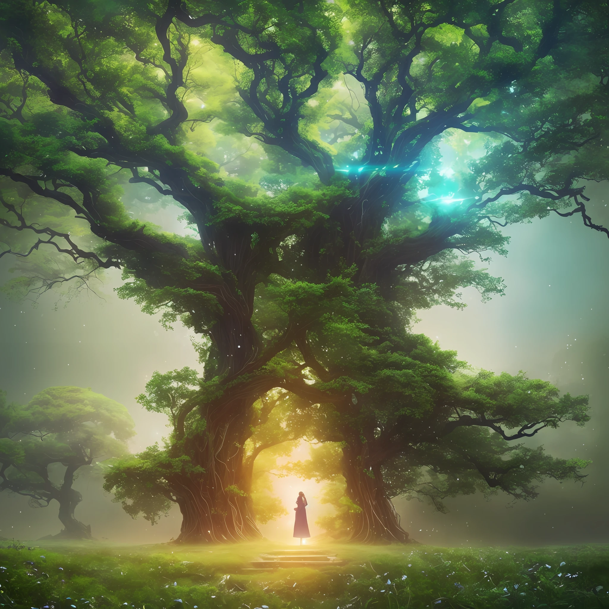 /imagine prompt: An exceptional concept for an NFT (Non-Fungible Token) artwork that combines elements of nature and technology. The artwork should depict a majestic tree with branches adorned with intricate circuitry, emitting soft glowing lights. The tree's roots should merge with a vibrant digital landscape, symbolizing the harmonious coexistence of nature and digital innovation. The artwork should evoke a sense of awe and wonder, inviting viewers to contemplate the fusion of organic and technological realms. Artwork, using a combination of digital painting and 3D rendering techniques to create a captivating and immersive visual experience, --ar 16:9 --v 5 --auto --s2