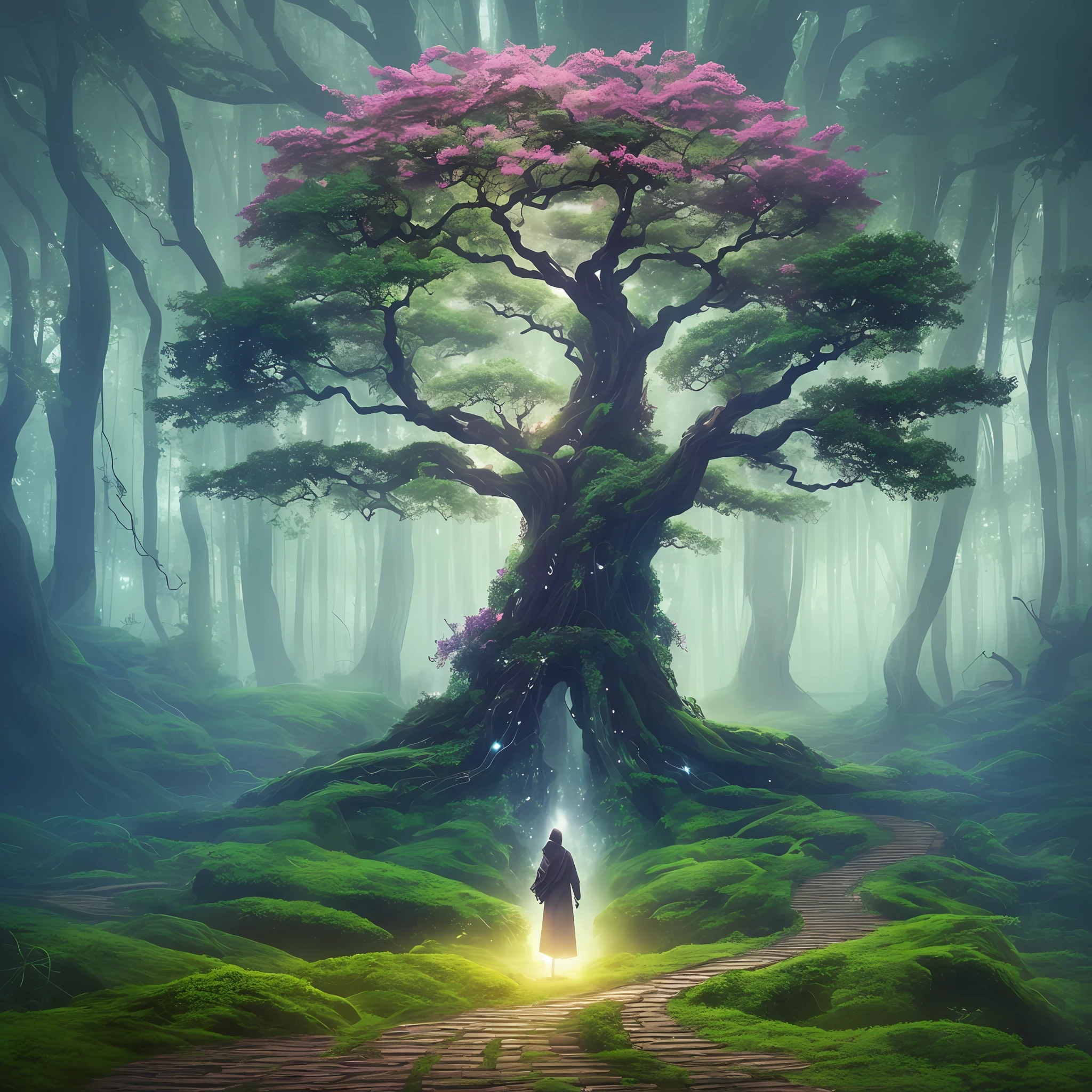 /imagine prompt: An exceptional concept for an NFT (Non-Fungible Token) artwork that combines elements of nature and technology. The artwork should depict a majestic tree with branches adorned with intricate circuitry, emitting soft glowing lights. The tree's roots should merge with a vibrant digital landscape, symbolizing the harmonious coexistence of nature and digital innovation. The artwork should evoke a sense of awe and wonder, inviting viewers to contemplate the fusion of organic and technological realms. Artwork, using a combination of digital painting and 3D rendering techniques to create a captivating and immersive visual experience, --ar 16:9 --v 5 --auto --s2