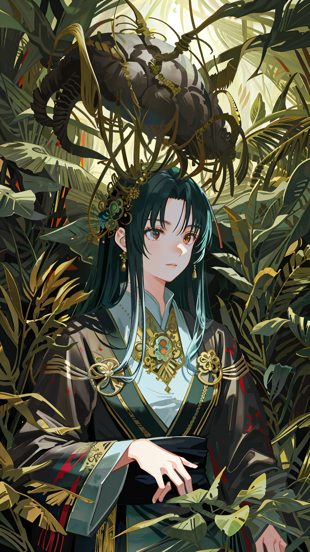 A detailed and intricate digital illustration of a dense jungle full of exotic flora and fauna, with sunlight filtering through the canopy creating a dappled effect. Yoshitaka Amano and Hayao Miyazaki's style, masterpieces, proportions, details, art station trends, beautiful lighting, realistic, intricate, award winning, 4k, highest quality award winning, 4K digital painting in the style of Yoshitaka Amano. A detailed and intricate depiction of the zombie apocalypse, masterfully capturing the chaos and drama of the scene. Beautiful lighting and cinematic composition make this piece a true masterpiece, trending on artstation