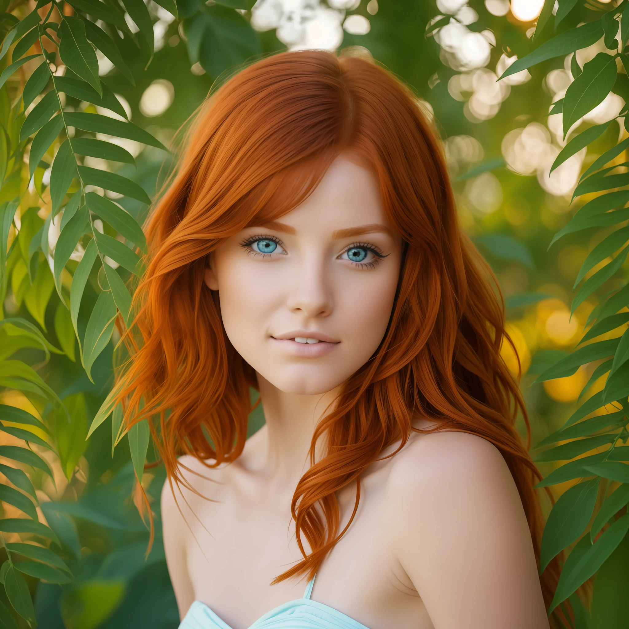 A real photo in raw, of a 23-year-old redhead, with scabies on her face, beautiful face, harmonic face, bright blue eyes, detached mouth, perfect body, fit body, with climbing plant curled all over the body with small leaves without fail, showing the belly, background with many exotic foliage, in nature, reflections of orange lights, better quality,  realistic --auto --s2