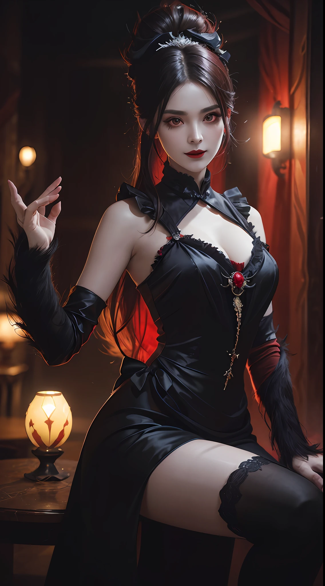1 beautiful devil woman from hell, In the Dark: 1.6), surreal female portrait by David Hockney and Alphonse Mucha, fantasy art, korea doll, photorealism, dynamic lighting, artstation, poster, volumetric lighting, very detailed faces, 8k ultra, Awarded, in the dark, deep shadow, low key, cowboy lens, (Red phoenix dress: 1.4), long hair, black hair, bust, luxurious palace, Royal style, devil crown, red eyes make up very sharp and detailed, The most beautiful face, The breasts are very big and round and round, Super realistic, chinese women's clothing, polo neck sweater, Charming smile, The eyes are very well made up, guweiz, devil style, wearing black mesh socks, Ponytail with a bow tied at the back of the hair, Red black lips, Devil tattoo on shoulder, wearing a thin red and black robe, the landscape is overcast and thunderous, (Portrait), Close-up of the main character, (Background details 1.8),