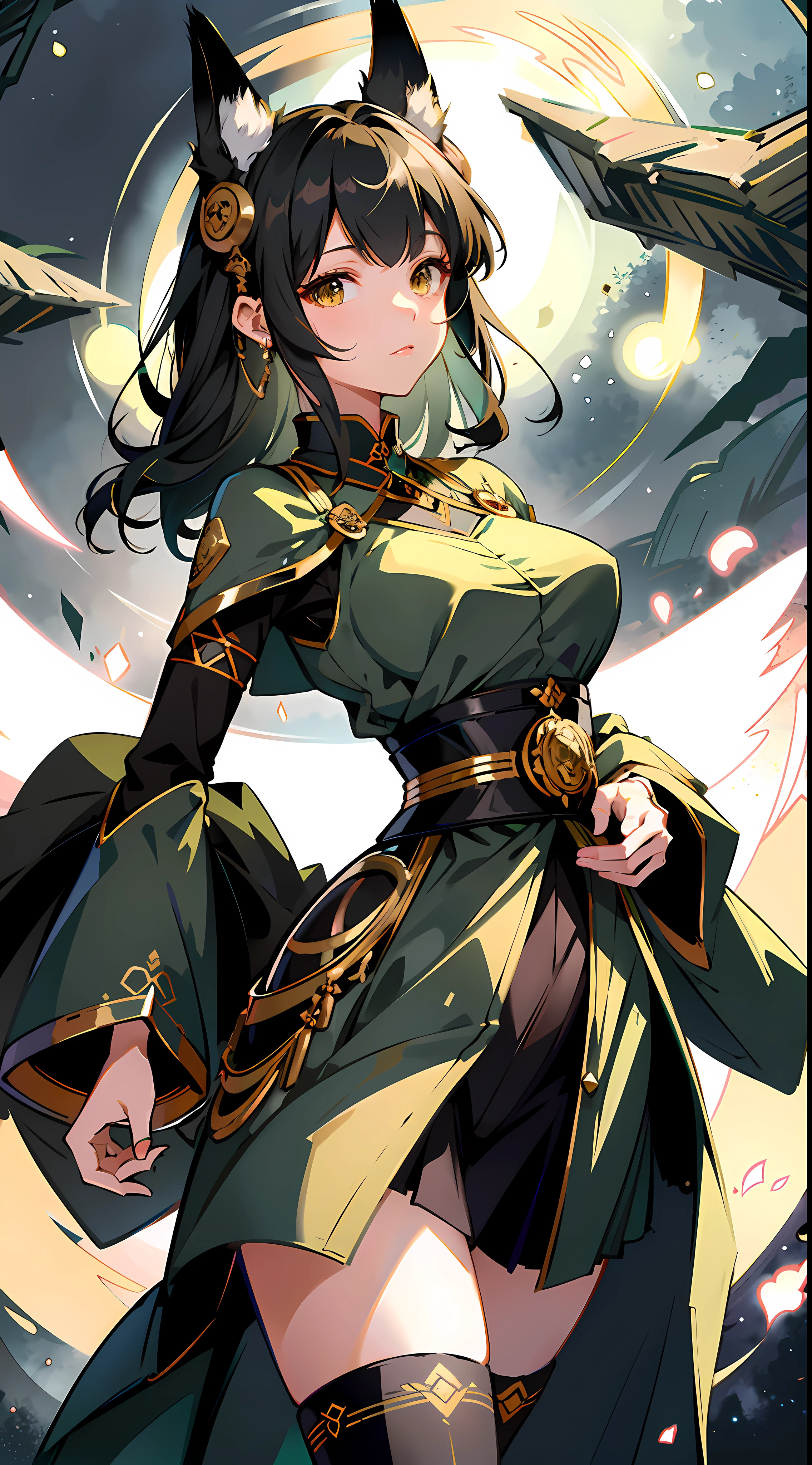 absurd res, high res, (masterpiece:1.4), ultra-detailed, girls, from front, space, floating, dark green Japanese traditional dress mixed with black, dark green + black dress, black stockings, light brown hair, gold eyes, hands out of frame, furry ears, slightly open top, fox ears, medium breasts, boobs, yellow eyes