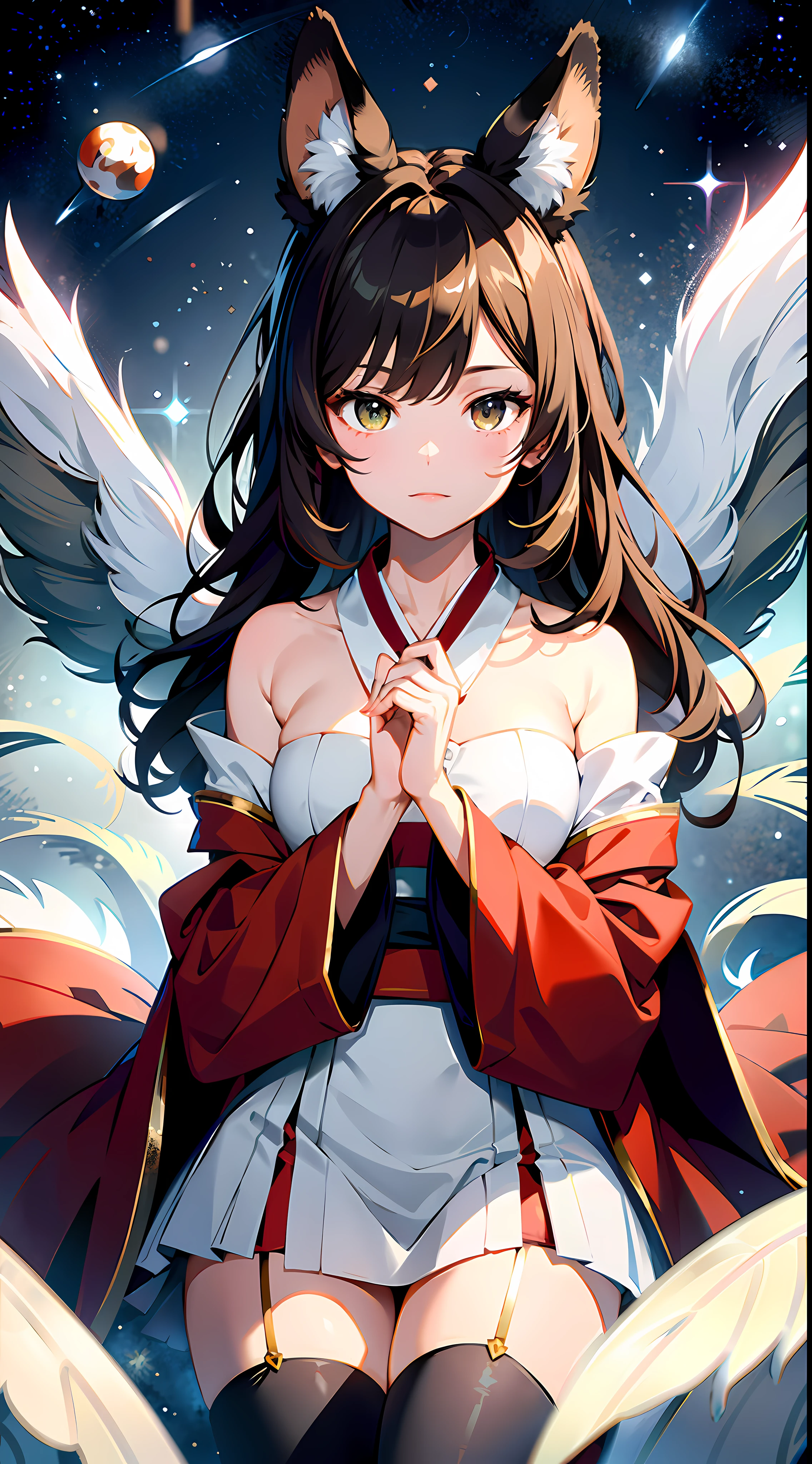 absurd res, high res, (masterpiece:1.4), ultra-detailed, 1girl, from above, space, floating, white+red kimono dress, red dress, black stockings, light brown hair, gold eyes, hands out of frame, long furry ears, furry ears up, long furry ears, crossed arms, hands out of frame, green eyes, brown hair, foxian race, brown furry tail