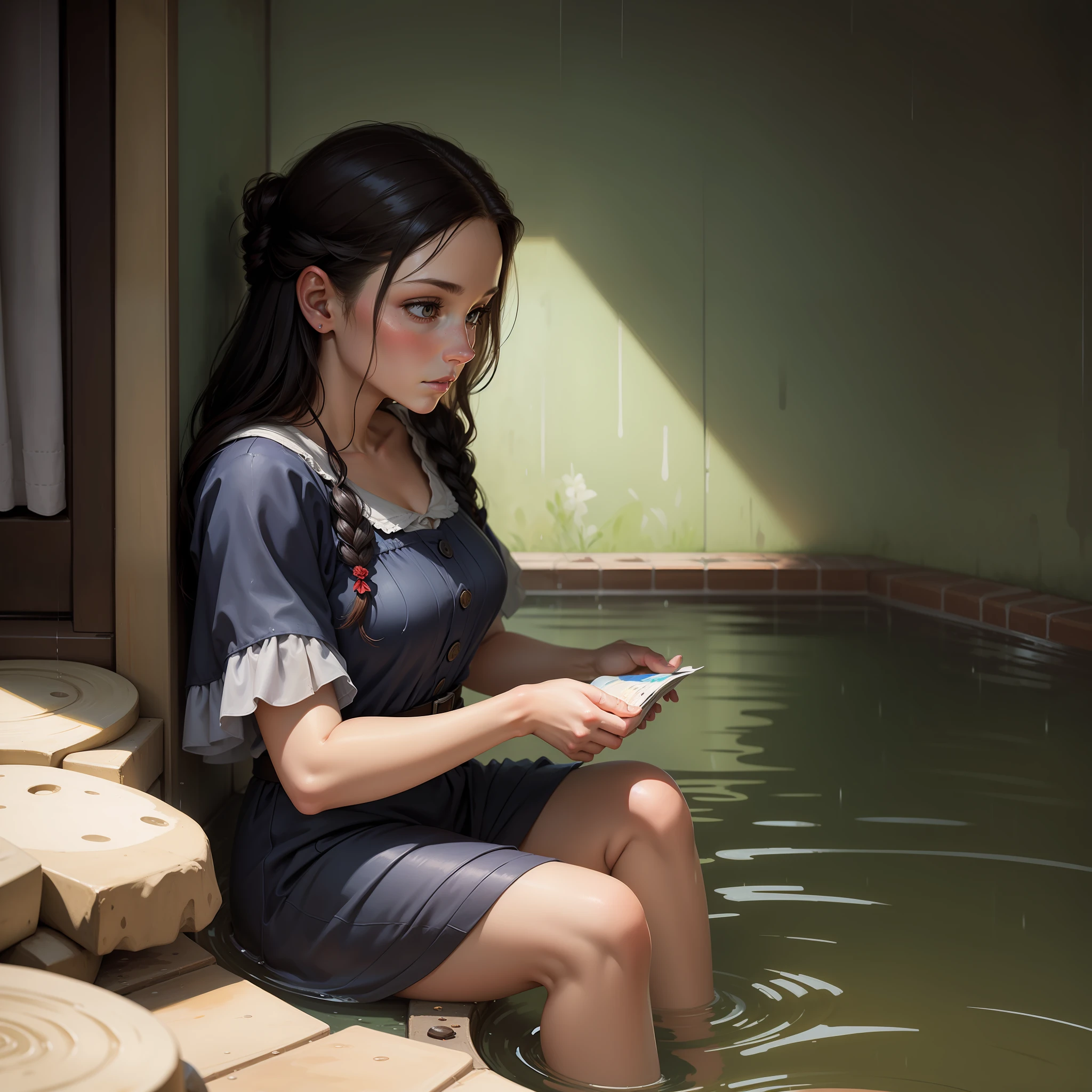 Painting Dewey peeks at a widow bathing in the rain
