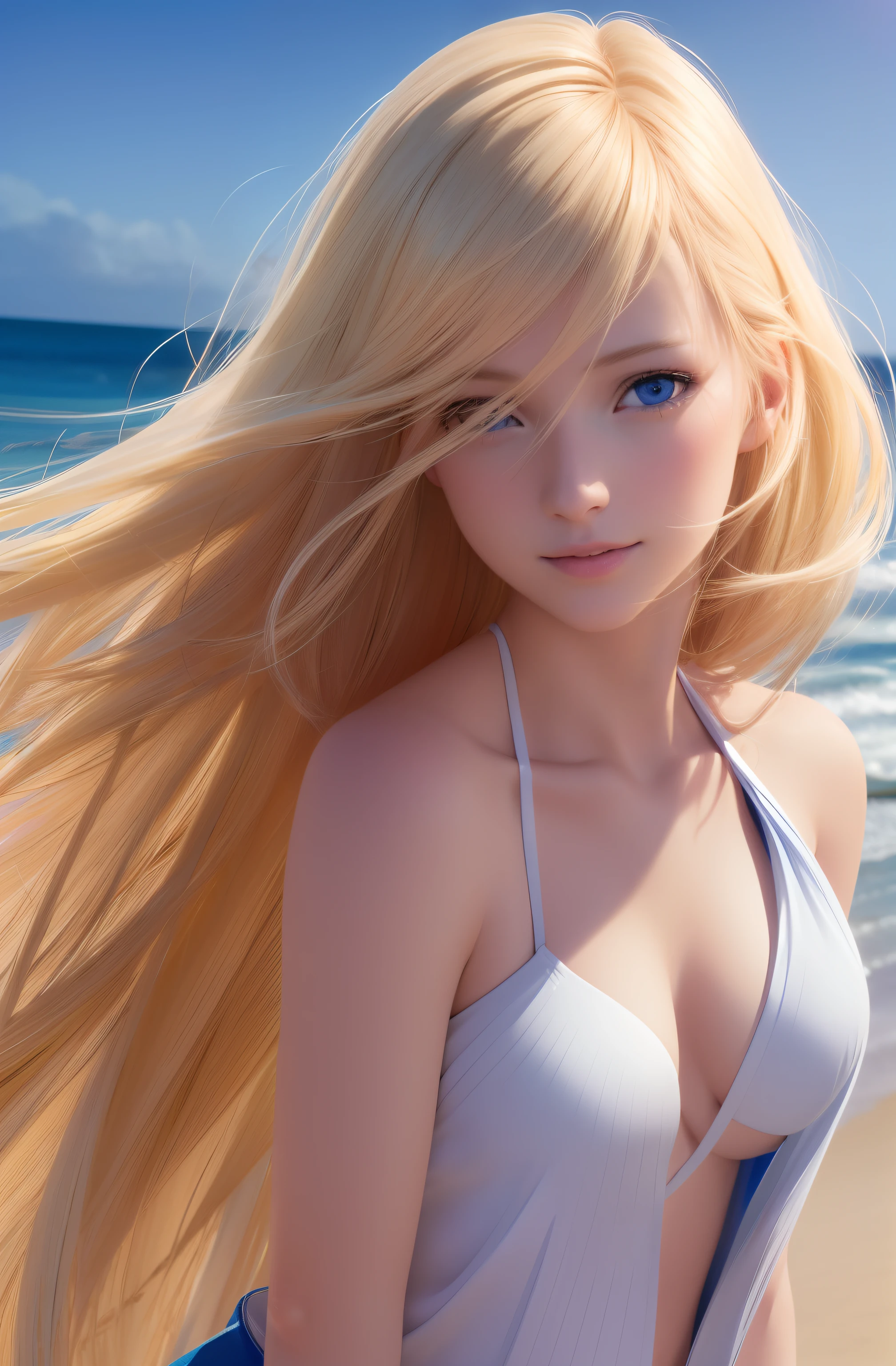 Pretty Female, Windblow blonde hair, glowing blue eyes, realistic, masterpiece, high detailed, 4K, beach background, high detailed light, little smile, white skin
