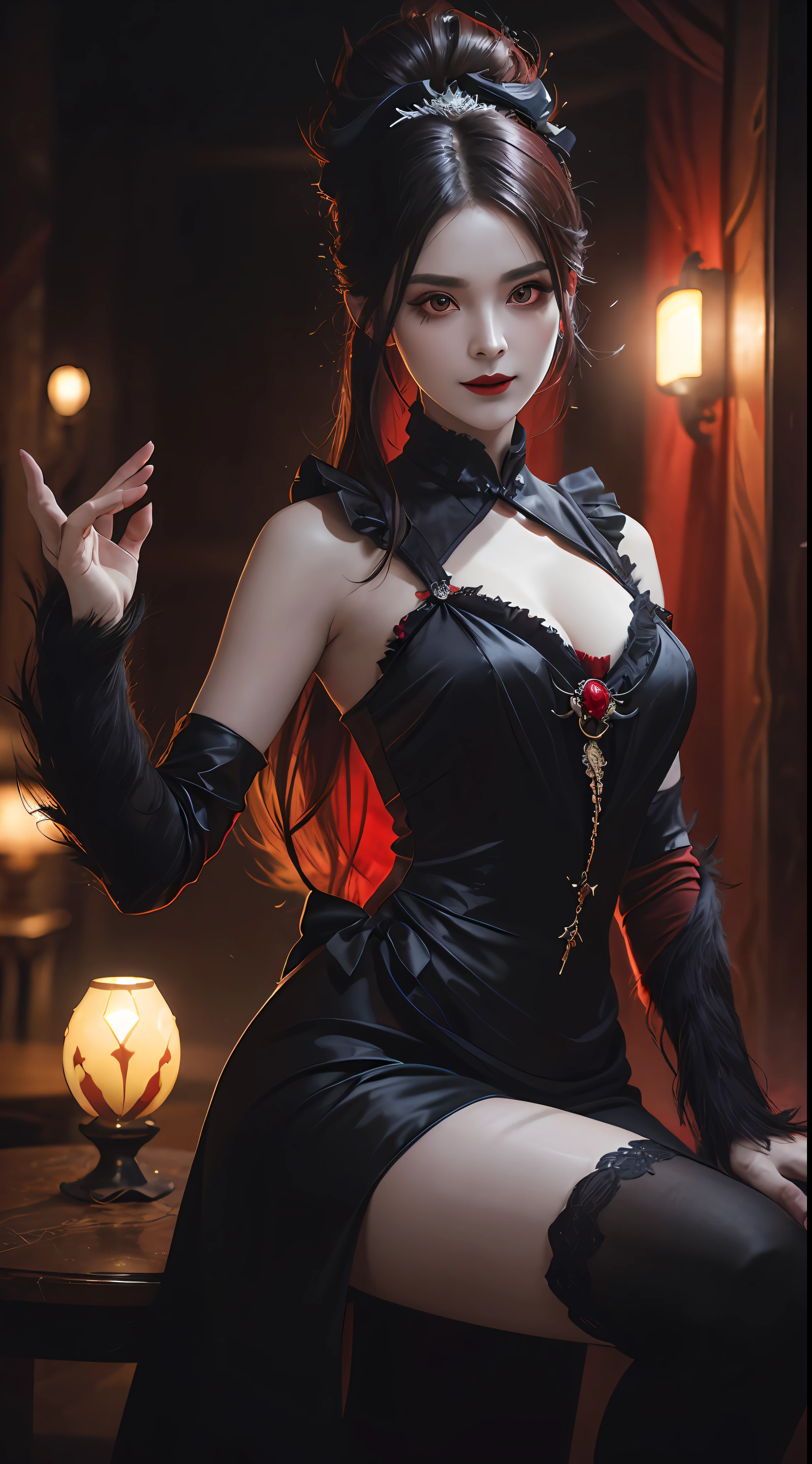 1 beautiful devil woman from hell, In the Dark: 1.6), surreal female portrait by David Hockney and Alphonse Mucha, fantasy art, korea doll, photorealism, dynamic lighting, artstation, poster, volumetric lighting, very detailed faces, 8k ultra, Awarded, in the dark, deep shadow, low key, cowboy lens, (Red phoenix dress: 1.4), long hair, black hair, bust, luxurious palace, Royal style, devil crown, red eyes make up very sharp and detailed, The most beautiful face, The breasts are very big and round and round, Super realistic, chinese women's clothing, polo neck sweater, Charming smile, The eyes are very well made up, guweiz, devil style, wearing black mesh socks, Ponytail with a bow tied at the back of the hair, Red black lips, Devil tattoo on shoulder, wearing a thin red and black robe, the landscape is overcast and thunderous, (Portrait), Close-up of the main character, (Background details 1.8),