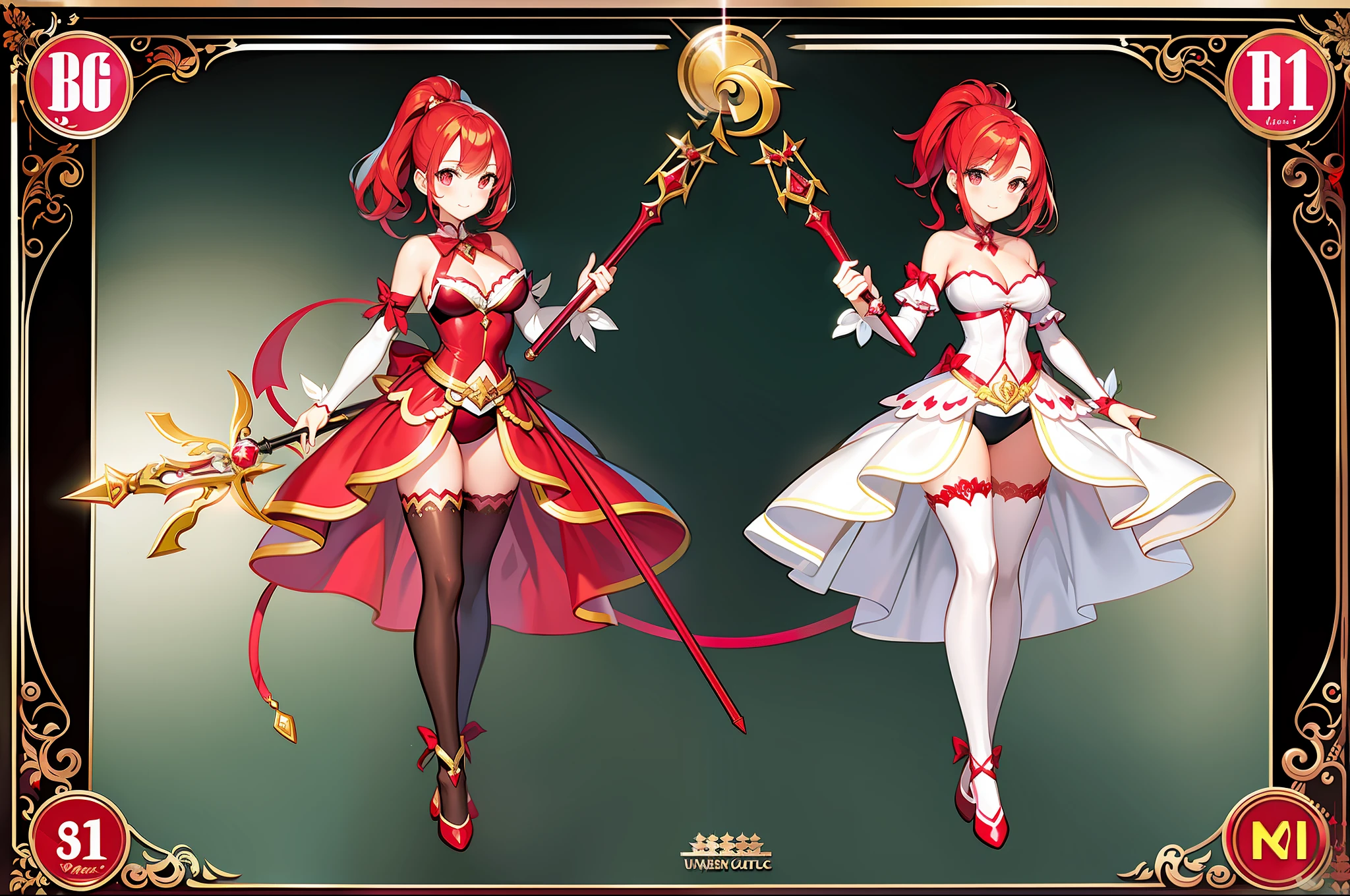 masterpiece,(best quality) magical girl, wepon, red, short hair, medium sized breasts, unique design, stockings,red and black, magical girl, fullbody,wand, ponytail, boob window, exposed stomach,( ( character concept art ) )