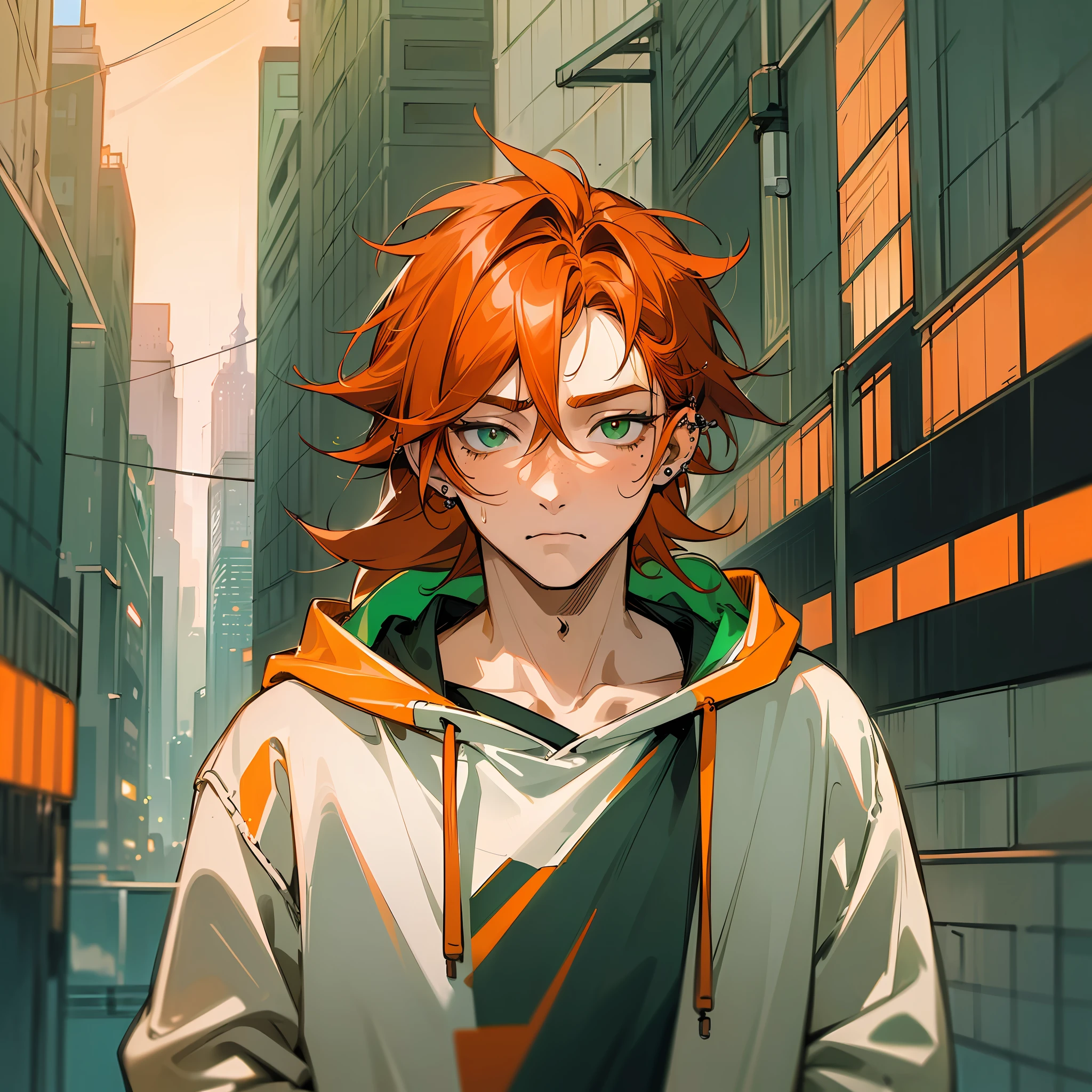 ((highest quality, masterpiece, 4k, finely detailed, detailed eyes, detailed face, gelbooru, pixiv, warm lighting)), ((solo)), 1 male, handsome, male, adult male, older face, broad shoulders, closeup of face, ((red hair up to shoulder)), looking at the viewer ((lazy eyes, semi-eyelids, tired eyes, bags under eyes, green eyes)), (hoodie, sweatpants), ((orange hair, long length hair, messy hair), standing, hands in pockets, city background, night, freckles, ear piercings, anime version --auto --s2