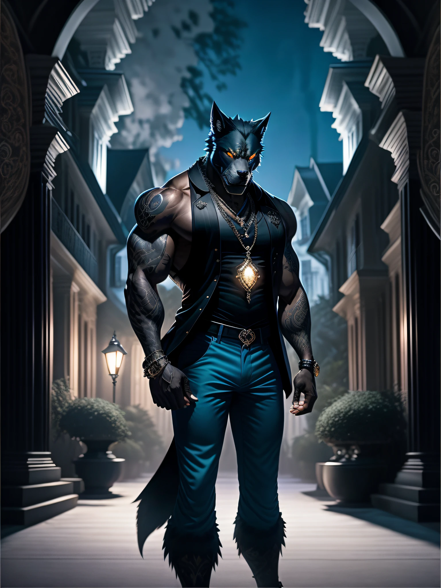 image of a black werewolf, muscular, social pants, sleeveless dress shirt, with necklace of another, ivory blue eyes, earring on the ear, bracelet of another, tattoo on the chest, in front of a luxurious mansion in the light of night,