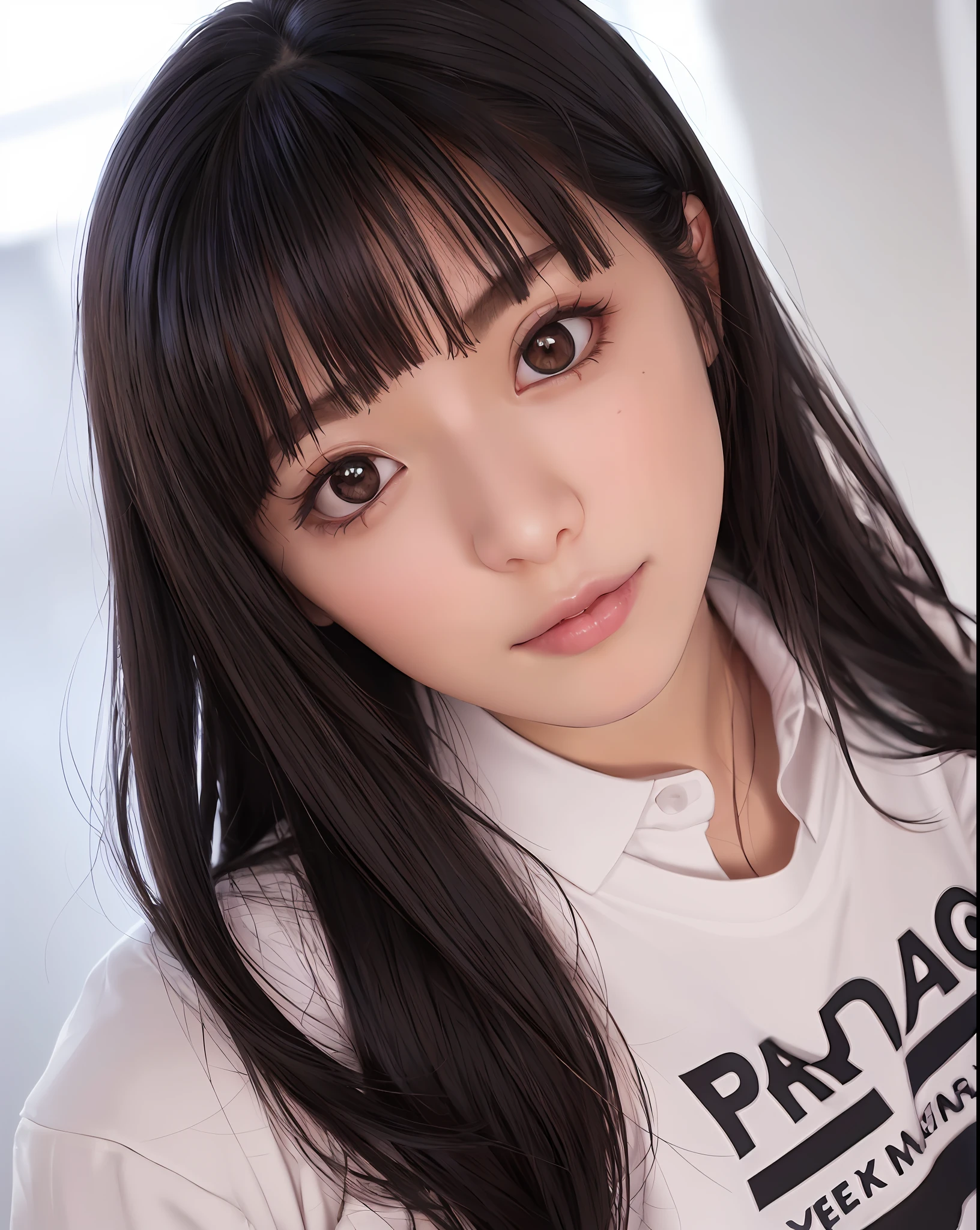 Top Quality, Photorealistic, 8K, High Definition, Female, Female, (Skindentation), (Portrait:0.6), Gorgeous,Park, ((Shirt, Small:1.65)), (Short Black Hair, Parted Bangs:1.4), View Viewer, (1 Girl's Eyes Viewers:1.6), Photorealistic, (Bokeh), (Smile with mouth closed:1.3), Gorgeous, pureerosface_v1:1,