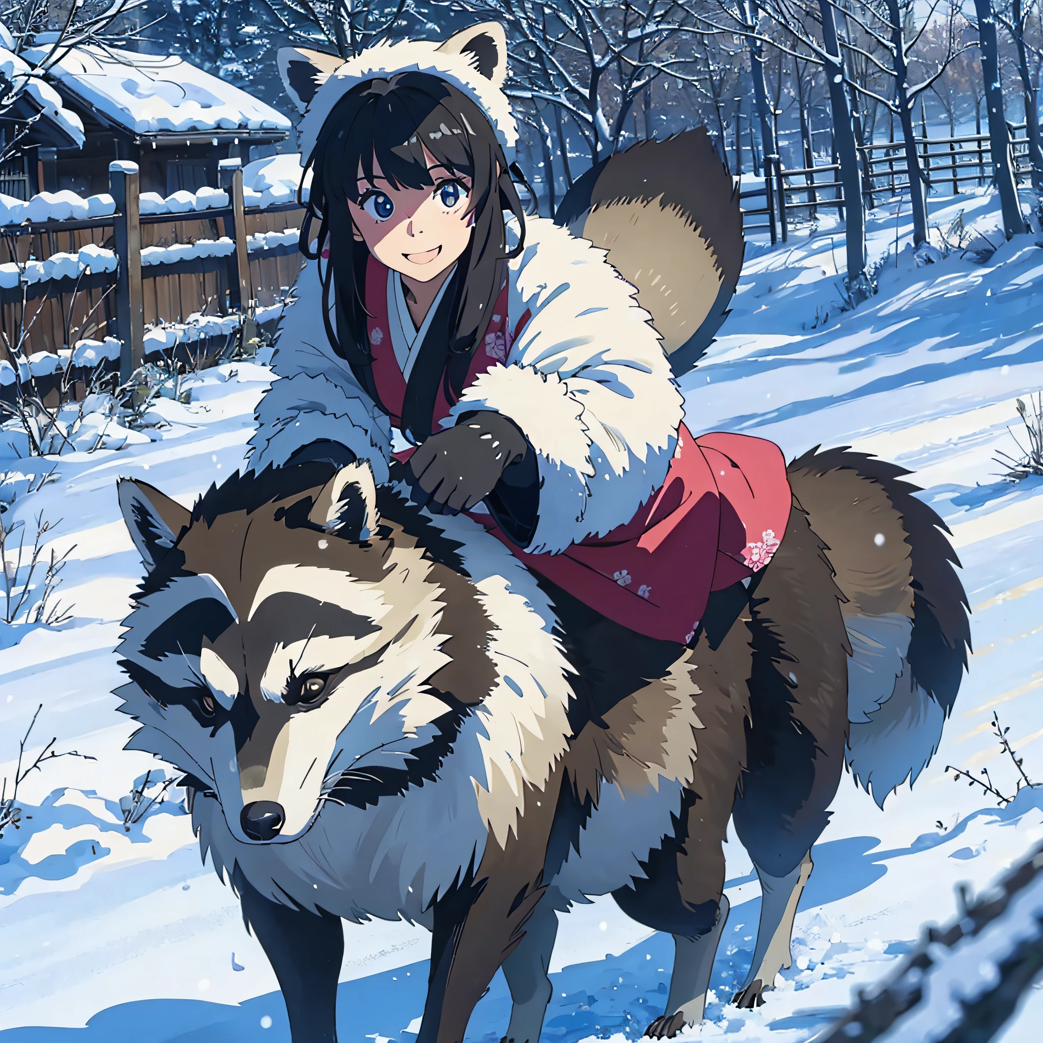 A happy girl in kimono riding a big raccoon and running through a snowy field.
