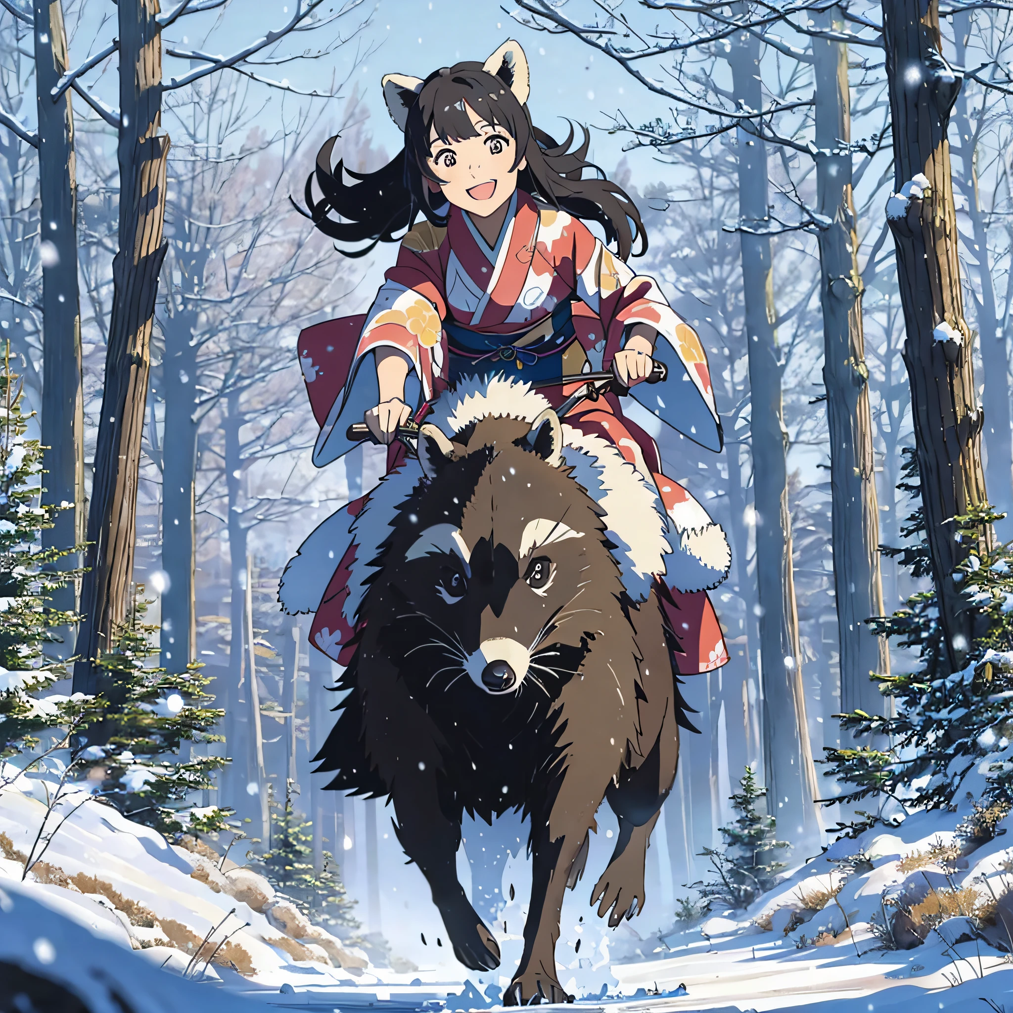 A happy girl in kimono riding a big raccoon and running through a snowy field.