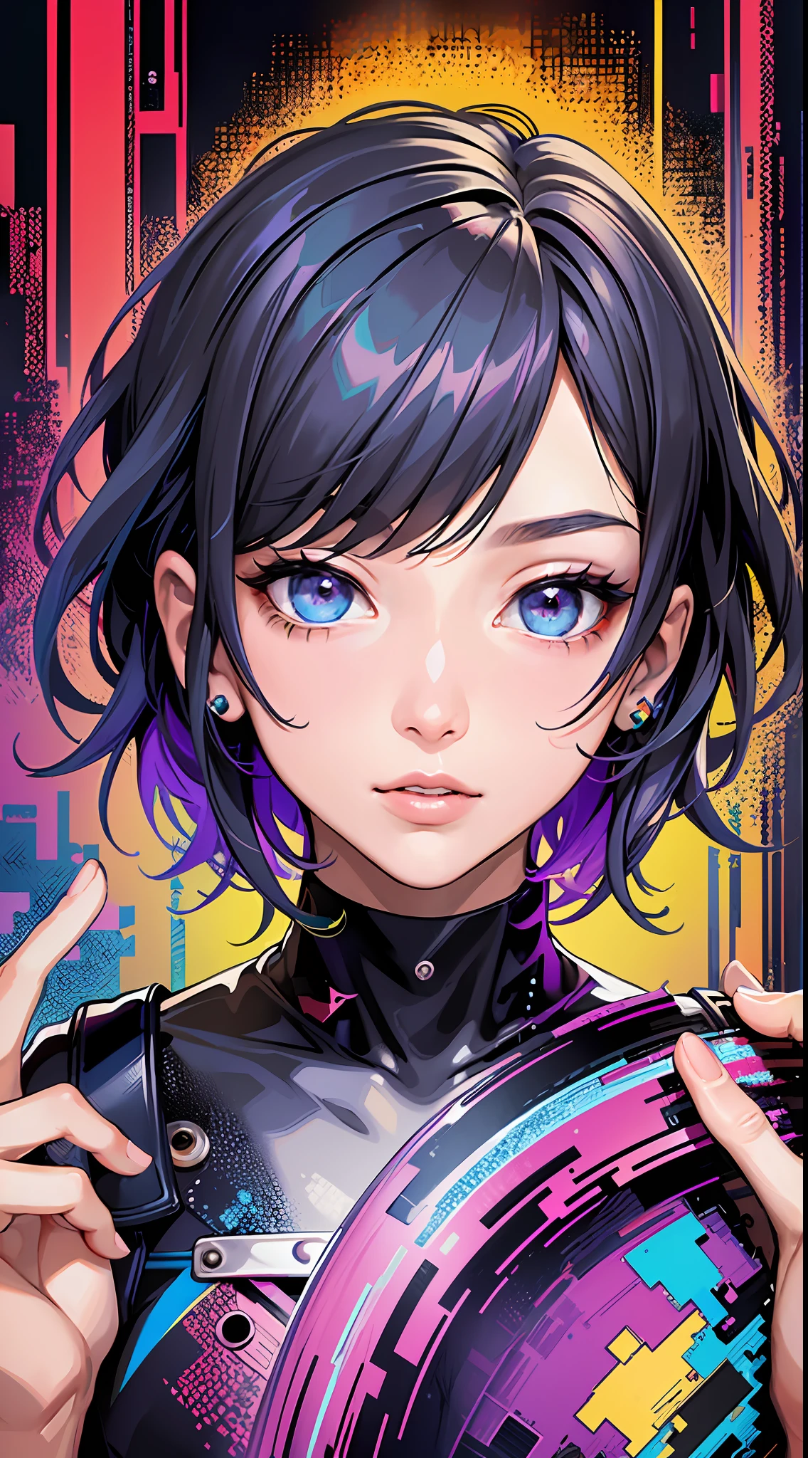 (masterpiece, top quality, best quality, official art, beautiful and aesthetic:1.2), (1girl:1.3), extreme detailed,colorful,highest detailed, glitch art, (digital distortion), pixelated fragments, data corruption,colorful noise, visual chaos,contemporary aesthetics