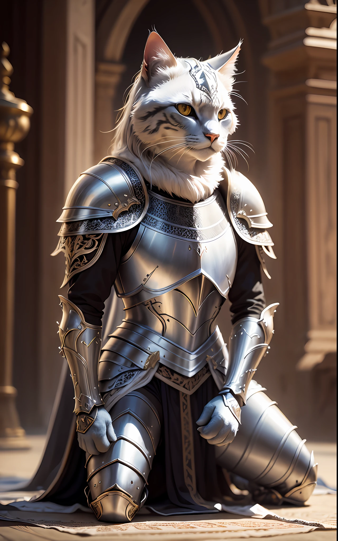 kneeling cat knight, portrait, finely detailed armor, intricate design, silver, silk, cinematic lighting, 4k,