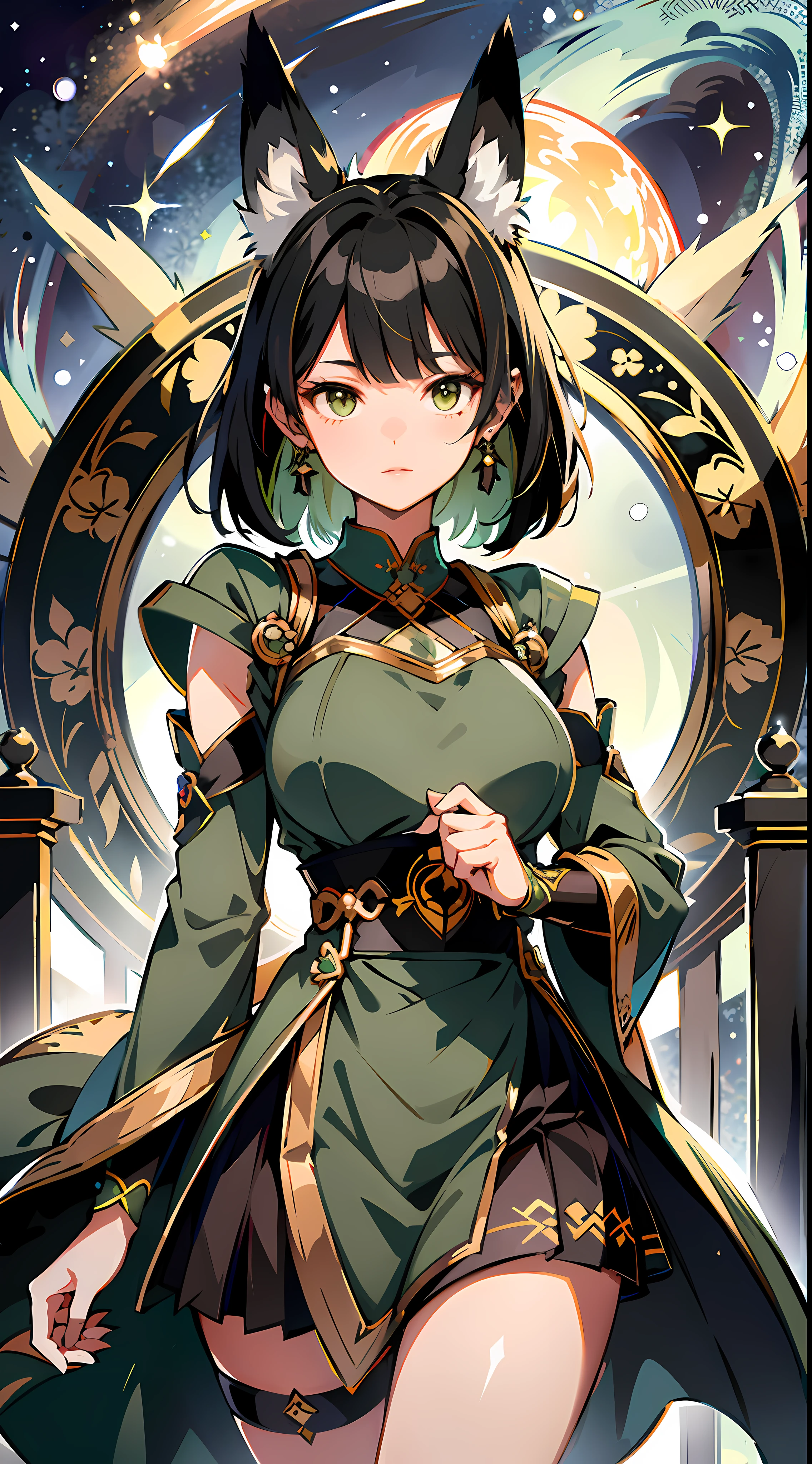 absurd res, high res, (masterpiece:1.4), ultra-detailed, girls, from front, space, floating, dark green Japanese traditional dress mixed with black, dark green + black dress, black stockings, light brown hair, gold eyes, hands out of frame, furry ears, slightly open top, fox ears, medium breasts, boobs, yellow eyes