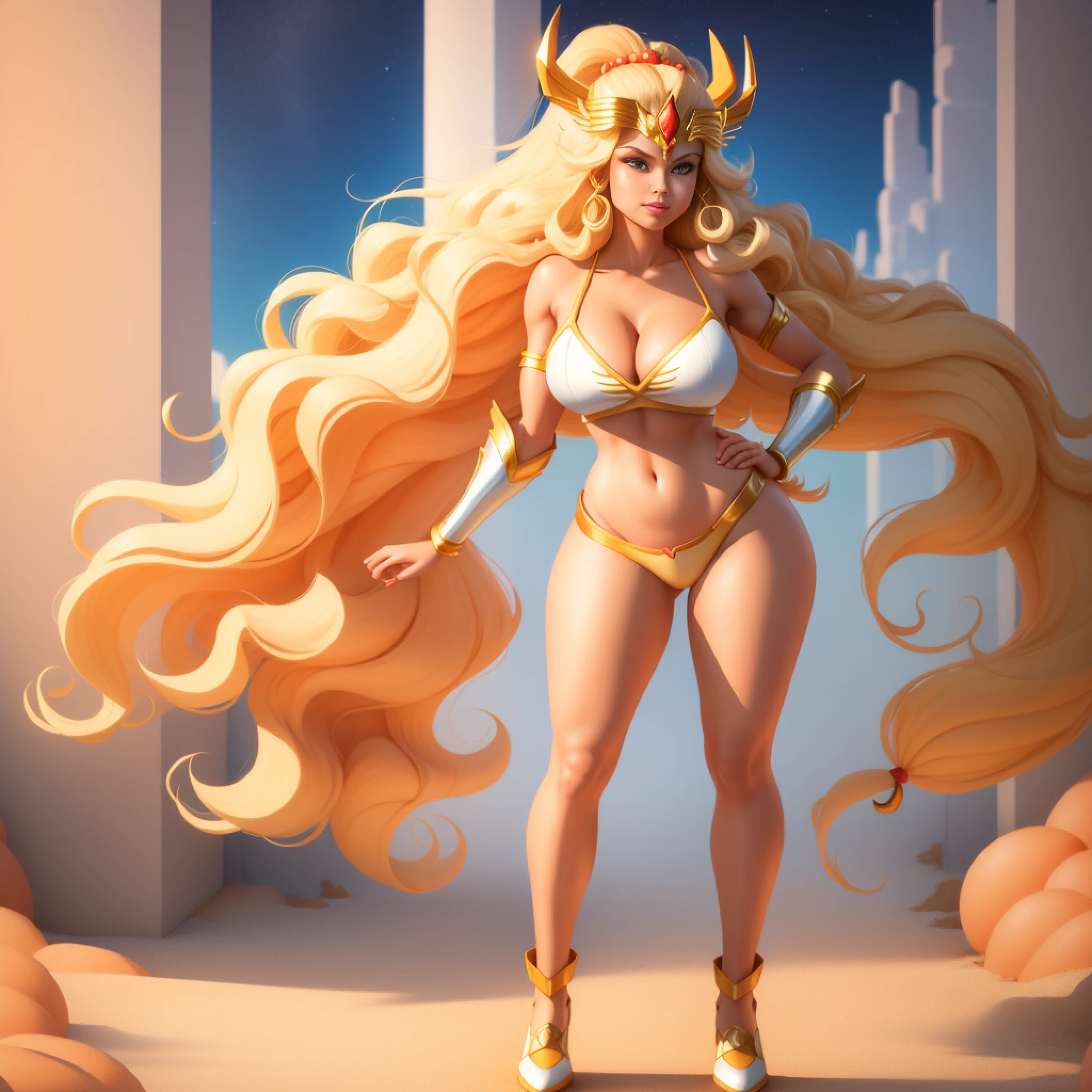 full body portrait, She-Ra: Princess of Power, 1980s \(style\), 1girl, long blonde hair, retro artstyle, long wavy hair, solo, Peach, unbutton_shirt, (natural_breasts:1.2), medium_breasts, cleavage, full body shot, white top, model pose, shoes visible, ass view, face view, multiple views