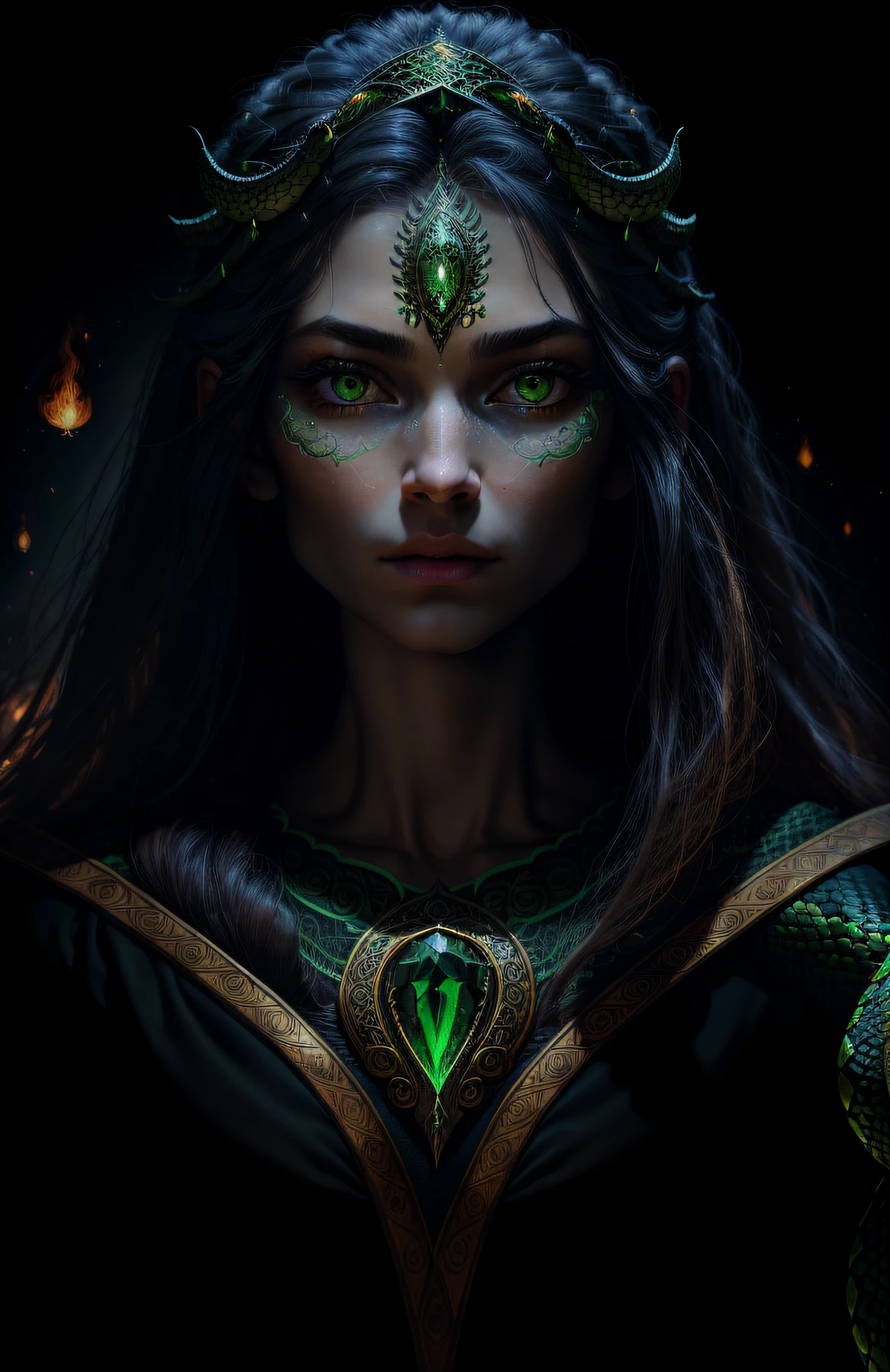 ((best quality)), ((masterpiece)), ((realistic)),witch, full body, the hair is composed of countless small snakes, green eyes, female face, metal carved top, royal aura, trend on artstation , sharp focus, studio photo, intricate detail, very detailed, detailed eye, illustration, very detailed, sharp focus, digital render, professional, 4k