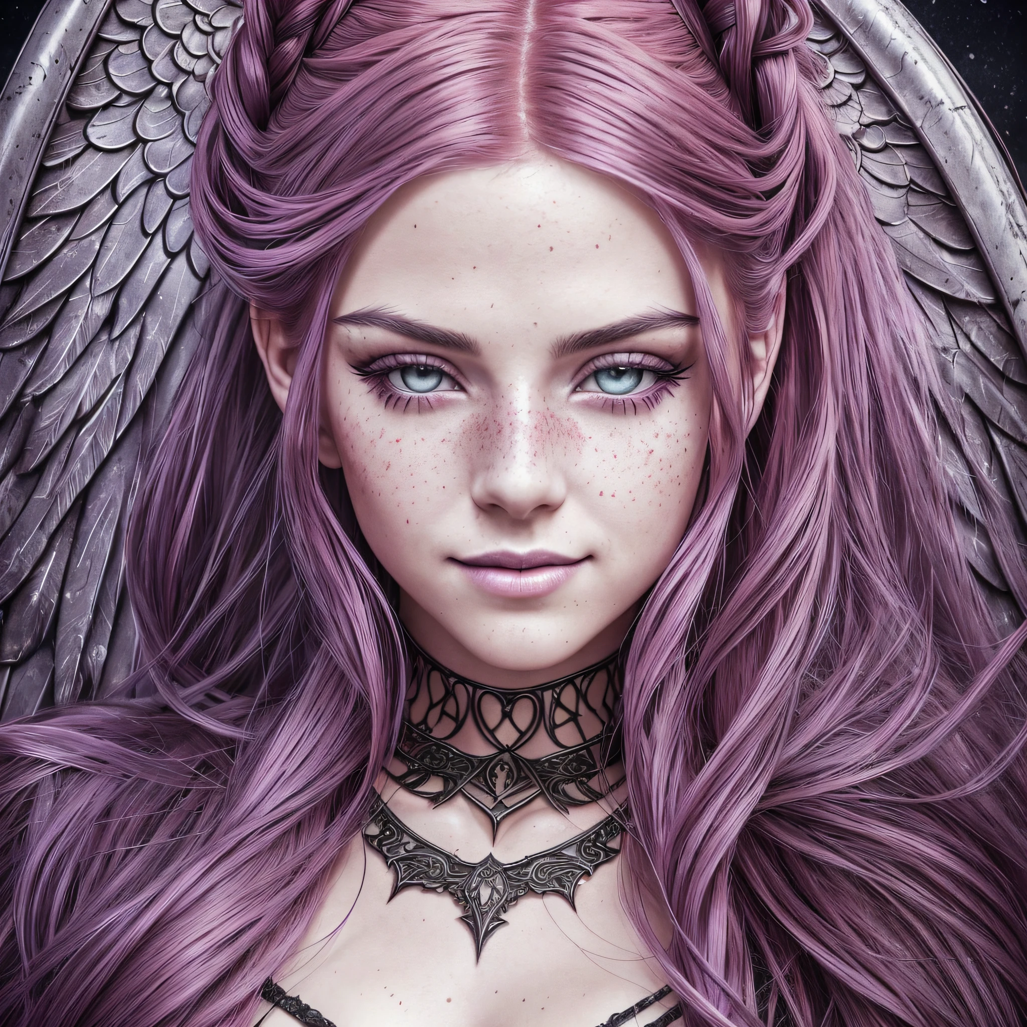 a portrait of a sexy dead woman, dressed as bloodrayne, ((angel wings)), ((soaked in blood)), redhead, freckles teacher is sitting, slate atmosphere, cinematic, faded colors, dark plane, soft colors, grainy film, lut, insane details, intricate details, hyperdetailed, red hair, pink hair, silver hair, multicolored hair, braid, long hair, twin braids, twintails, dilated pupils, heterochromia, purple eyes, makeup, light smile, evil smile, high detail, Gothic art, Realism, Hyperrealism, cinematic lighting, reflection light, from below, atmospheric perspective, Eye-Level Shot, f/22, 17mm, Nikon, UHD, masterpiece, anatomically correct, textured skin, super detail, high details, high quality, 4K --auto --s2