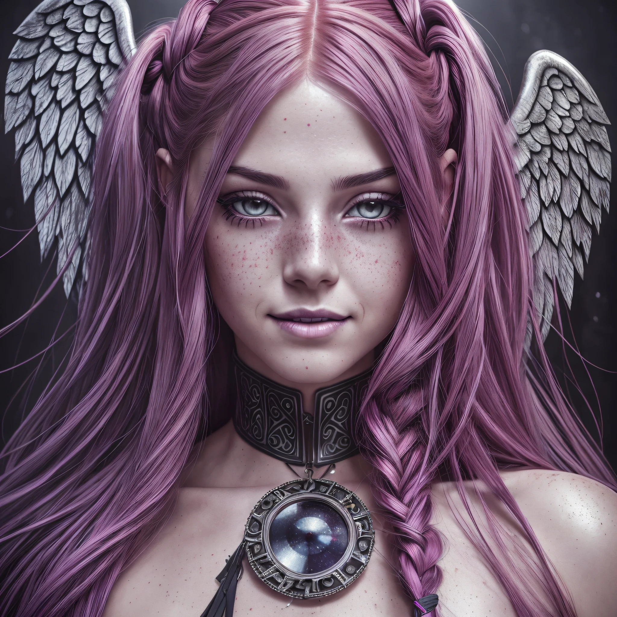 a portrait of a sexy dead woman, dressed as bloodrayne, ((angel wings)), ((soaked in blood)), redhead, freckles teacher is sitting, slate atmosphere, cinematic, faded colors, dark plane, soft colors, grainy film, lut, insane details, intricate details, hyperdetailed, red hair, pink hair, silver hair, multicolored hair, braid, long hair, twin braids, twintails, dilated pupils, heterochromia, purple eyes, makeup, light smile, evil smile, high detail, Gothic art, Realism, Hyperrealism, cinematic lighting, reflection light, from below, atmospheric perspective, Eye-Level Shot, f/22, 17mm, Nikon, UHD, masterpiece, anatomically correct, textured skin, super detail, high details, high quality, 4K --auto --s2