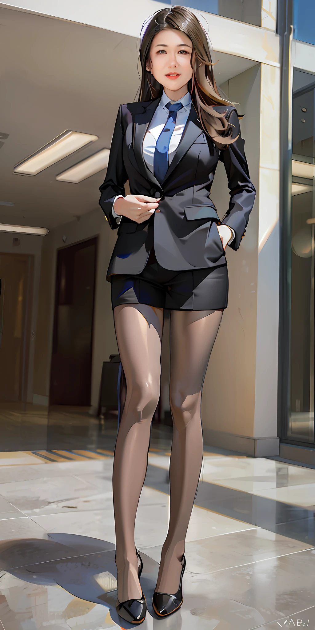woman in a suit and tie posing for a picture in a building, wearing a strict business suit, elegant legs, in strict suit, wearing business suit, wearing tight suit, wearing a business suit, lady in black coat and pantyhose, in a strict suit, walking to work, nice legs, full legs, taken with canon 5d mk4, girl in suit