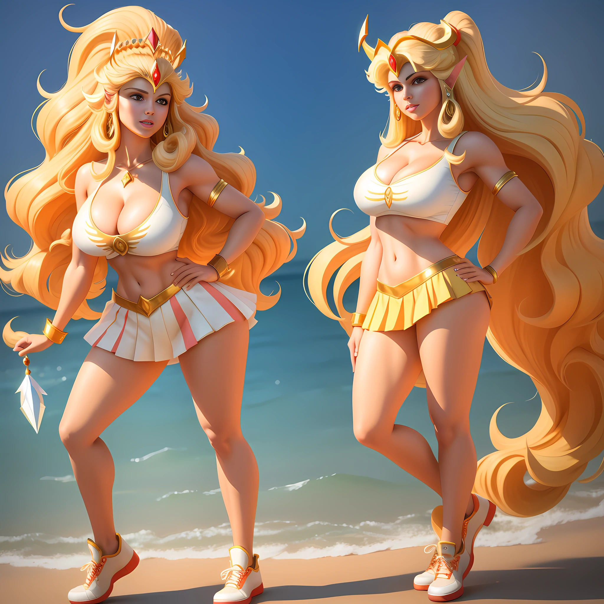 full body portrait, She-Ra: Princess of Power, 1980s \(style\), 1girl, long blonde hair, retro artstyle, long wavy hair, solo, Peach, unbutton_shirt, (natural_breasts:1.2), medium_breasts, cleavage, full body shot, white top, model pose, shoes visible, ass view, face view, multiple views