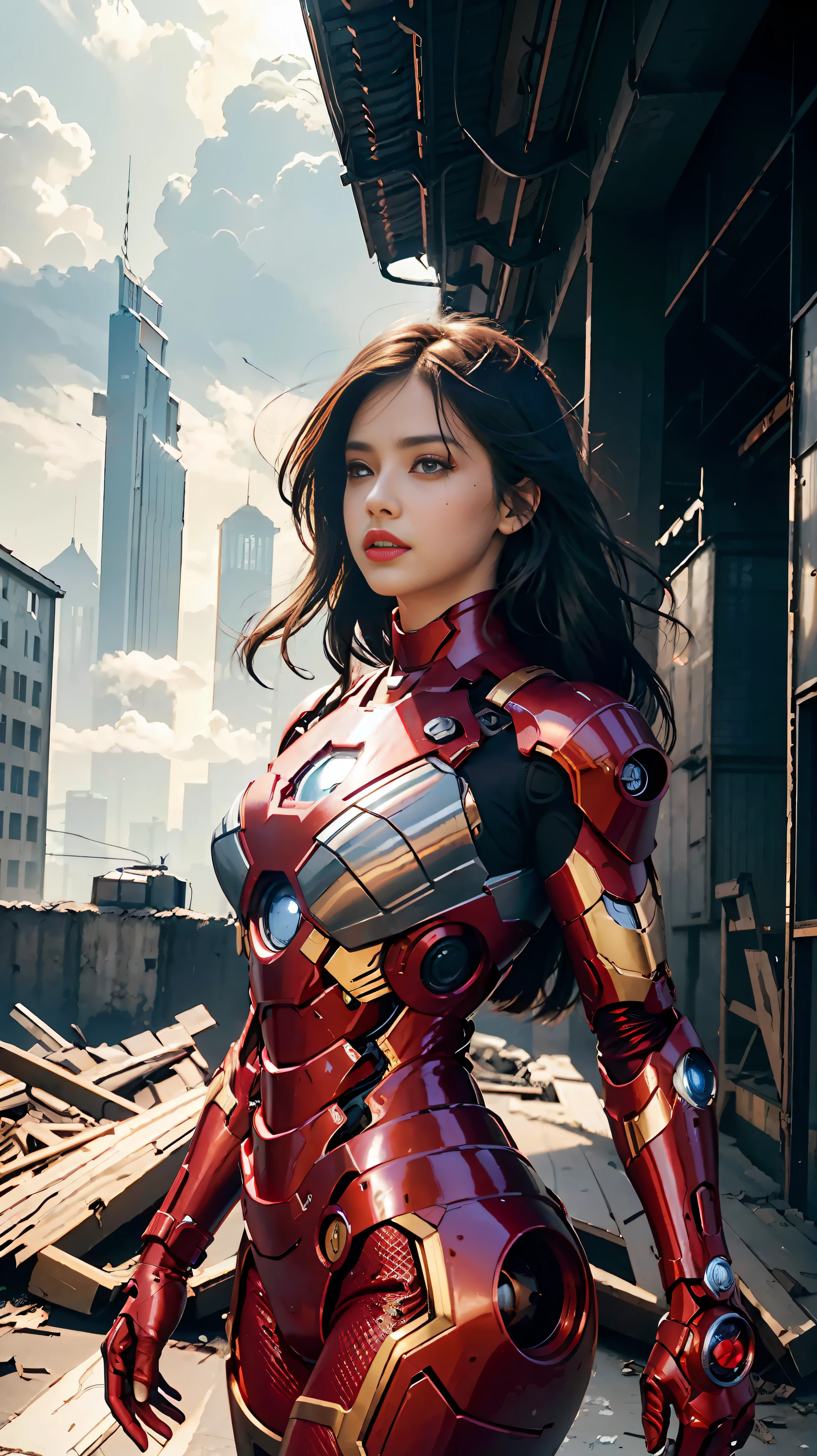 RAW, Masterpiece, Ultra Fine Photo,, Best Quality, Ultra High Resolution, Photorealistic, Sunlight, Full Body Portrait, Stunningly Beautiful,, Dynamic Poses, Delicate Face, Vibrant Eyes, (Side View) , she is wearing a futuristic Iron Man mech, red and gold color scheme, highly detailed abandoned warehouse background, detailed face, detailed and complex busy background, messy, gorgeous, milky white, high detailed skin, realistic skin details, visible pores , sharp focus, volumetric fog, 8k uhd, dslr camera, high quality, film grain, fair skin, photorealism, lomography, sprawling metropolis in futuristic dystopia, view from below, translucent