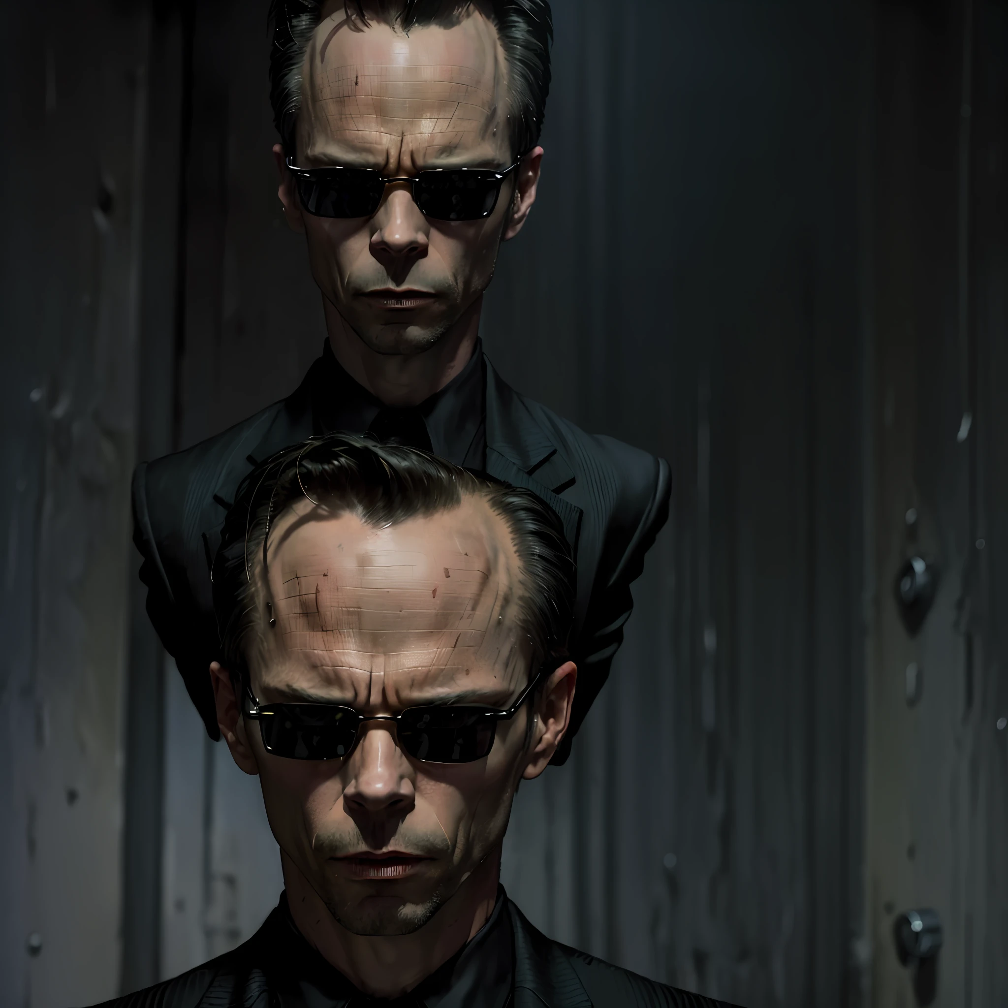 ((best quality)), ((masterpiece)), (detailed) fan art of evil man (GUY PEARCE) in a pitch black suit with his back to the camera, ((GUY PEARCE face)) back looking away, GUY PEARCE, the matrix (1999), square sunglasses, night, 80mm, ((western animation)), (neo the matrix (1999)), (short hair), (tokyo street nights)