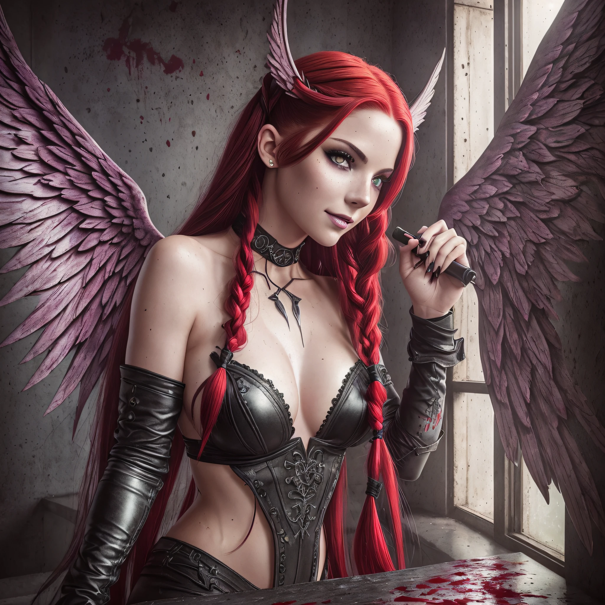 a portrait of a sexy dead woman, dressed as bloodrayne, ((angel wings)), ((soaked in blood)), redhead, freckles teacher is sitting, slate atmosphere, cinematic, faded colors, dark plane, soft colors, grainy film, lut, insane details, intricate details, hyperdetailed, red hair, braid, long hair, twin braids, twintails, dilated pupils, heterochromia, purple eyes, makeup, light smile, evil smile,  high detail, Gothic art, Realism, Hyperrealism, cinematic lighting, reflection light, from below, atmospheric perspective, Eye-Level Shot, f/22, 17mm, Nikon, UHD, masterpiece, anatomically correct, textured skin, super detail, high details, high quality, 4K --auto --s2