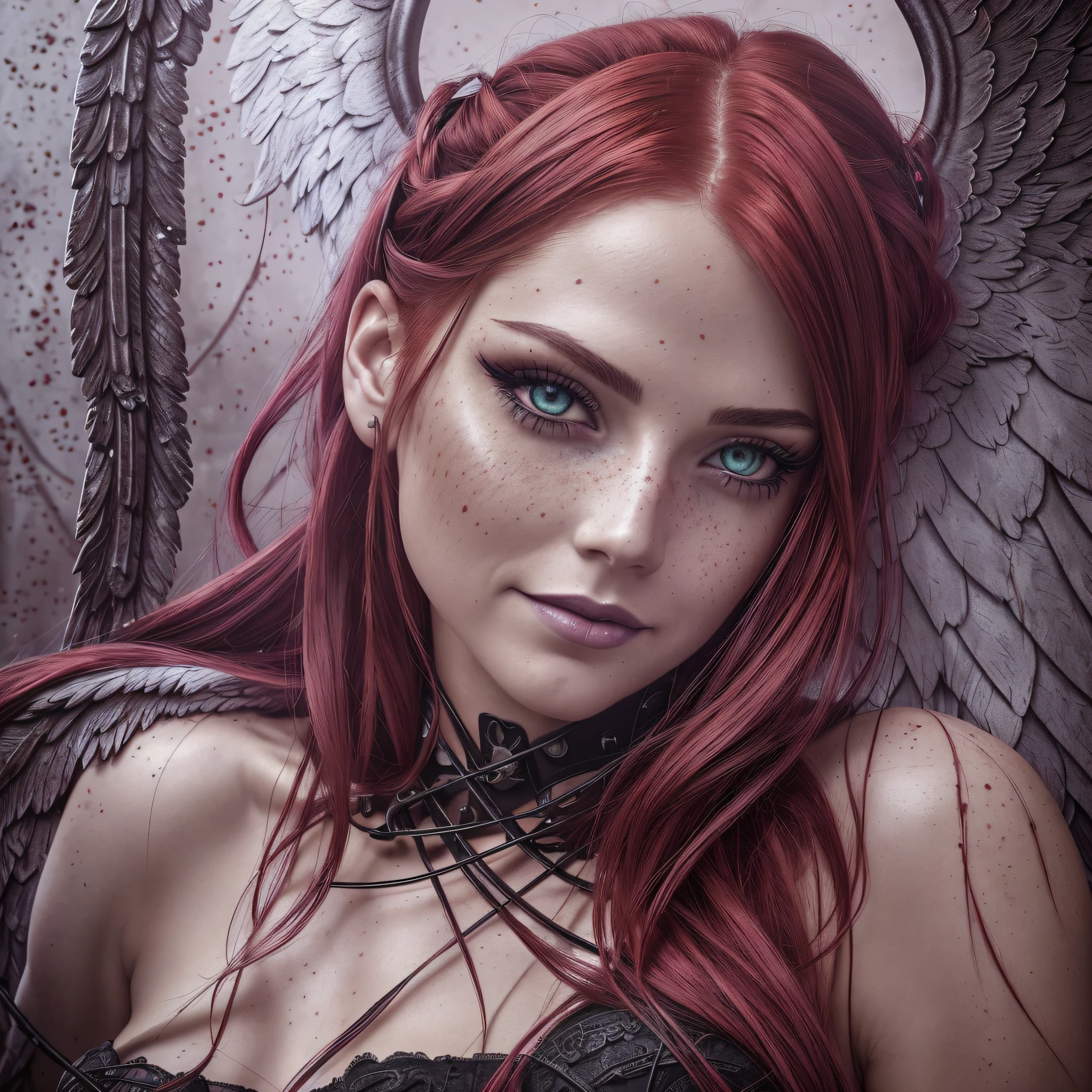 a portrait of a sexy dead woman, dressed as bloodrayne, ((angel wings)), ((soaked in blood)), redhead, freckles teacher is sitting, slate atmosphere, cinematic, faded colors, dark plane, soft colors, grainy film, lut, insane details, intricate details, hyperdetailed, red hair, braid, long hair, twin braids, twintails, dilated pupils, heterochromia, purple eyes, makeup, light smile, evil smile, high detail, Gothic art, Realism, Hyperrealism, cinematic lighting, reflection light, from below, atmospheric perspective, Eye-Level Shot, f/22, 17mm, Nikon, UHD, masterpiece, anatomically correct, textured skin, super detail, high details, high quality, 4K --auto --s2