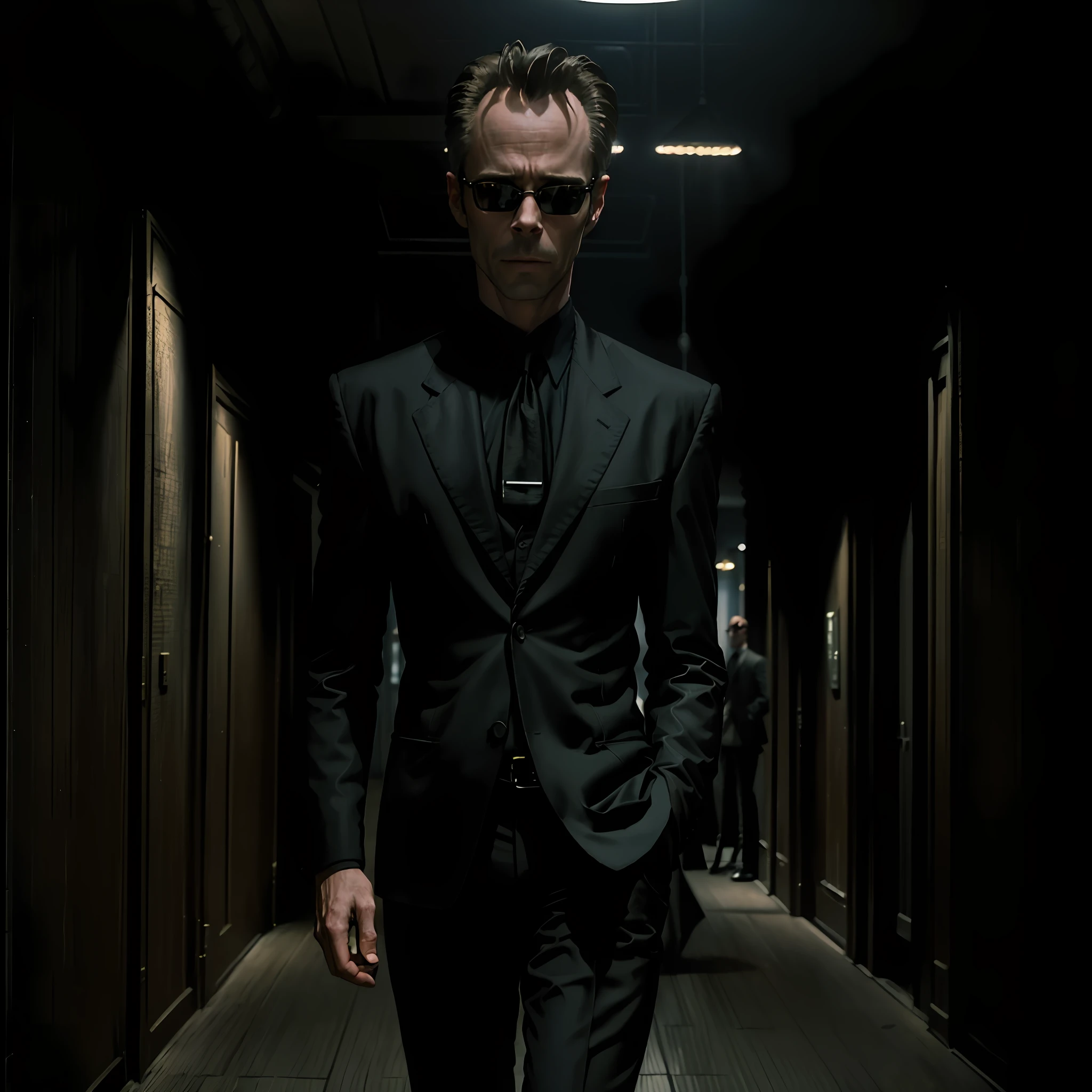 ((best quality)), ((masterpiece)), (detailed) fan art of evil man (GUY PEARCE) in a pitch black suit with his back to the camera, ((GUY PEARCE face)) back looking away, GUY PEARCE, the matrix (1999), square sunglasses, night, 80mm, ((western animation)), (neo the matrix (1999)), (short hair), (tokyo street nights)