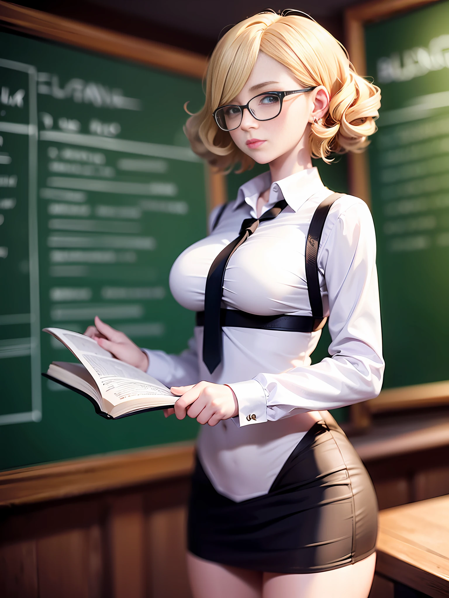 8K, Best Quality, Masterpiece, Highly Detailed, Ultra Detailed, 1 Girl, 22 Years Old, Solo, (Full Body), Female Teacher with Glasses, (Blonde Curly Hair), (Short Hair), Black Eyes, Beautiful and Delicate Eyes, Delicate Skin, Petite Body, Large Breasts, (White Uniform), Long Thighs, Standing in front of the Blackboard to Lecture, (Left Hand Holding a Book), (Right Finger at the Blackboard), (Camera Focuses on Lower Abdomen), (Front)