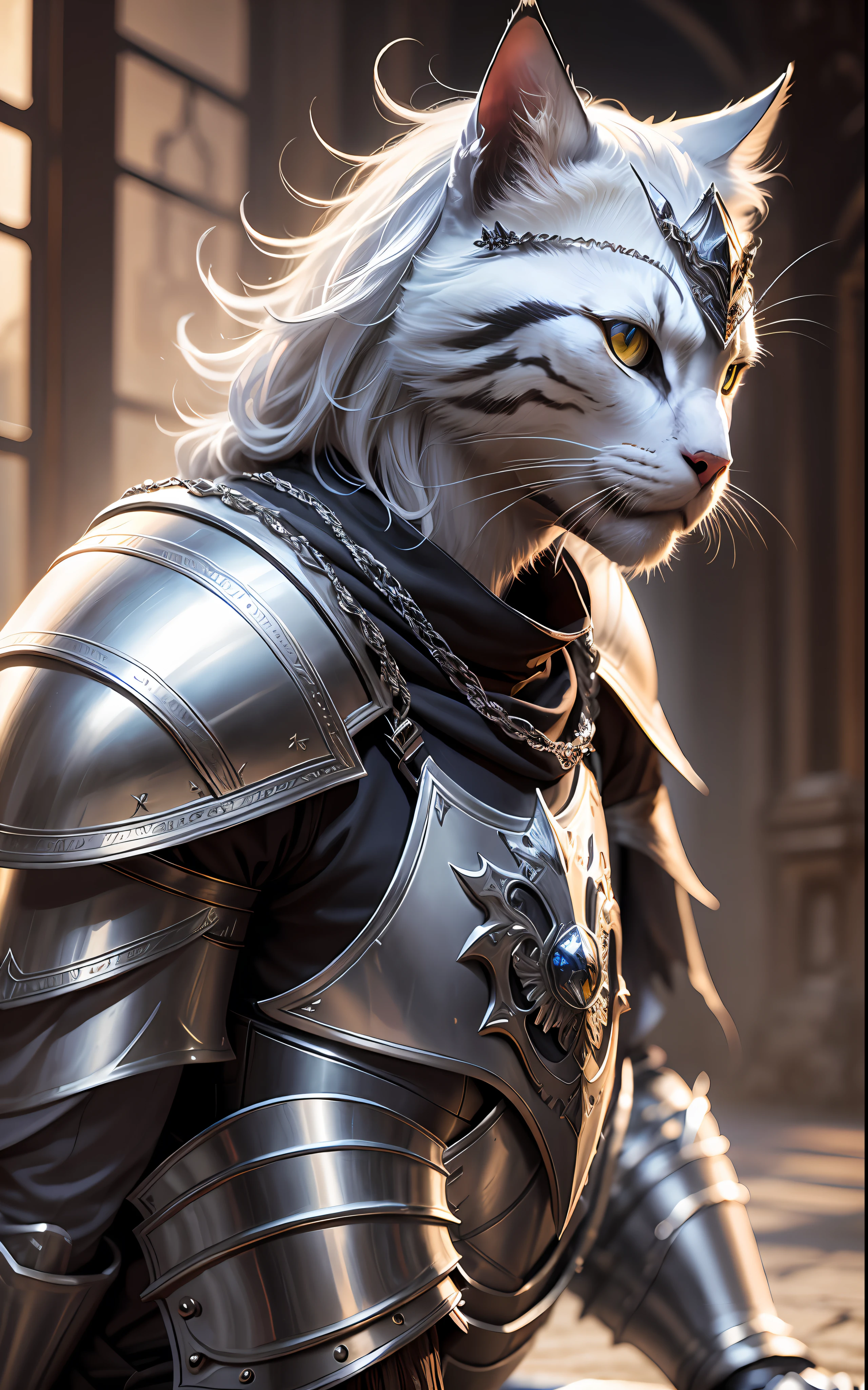 A kneeling cat knight with finely detailed silver armor and silk cape, portrait angle, digital art inspired by Final Fantasy, fantasy and realistic style, cinematic lighting and shadow effects, 4k resolution