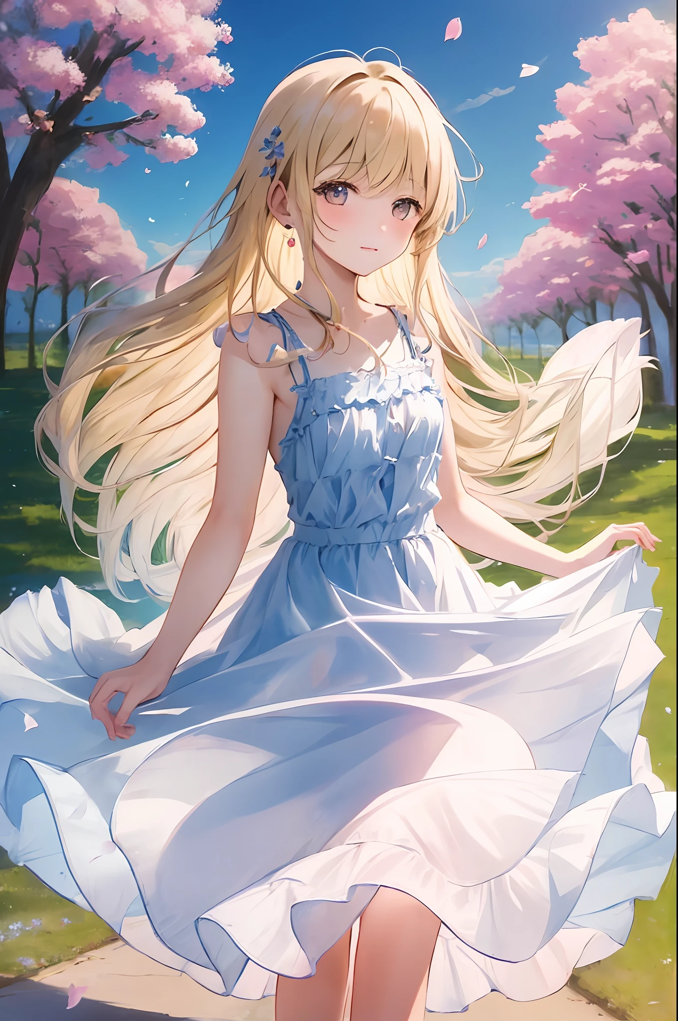 Cornflower art, dreamy
cherry_blossoms, falling_petals, petal, branch, pink_flower, 1 girl,20 years old, blue_sky, spring_\(season), petals_on_liquid, flowers, hanami, dress,wearing garland,sky, outdoors, clouds, bangs, smile, pink_eyes, white skirt with cherry blossom decoration, bare_ shoulders, earrings, holding_flower, wind, tree, looking_at_viewer,cowboy shots, caramel eyes, blonde hair, skirt soaring in the wind, white shorts,