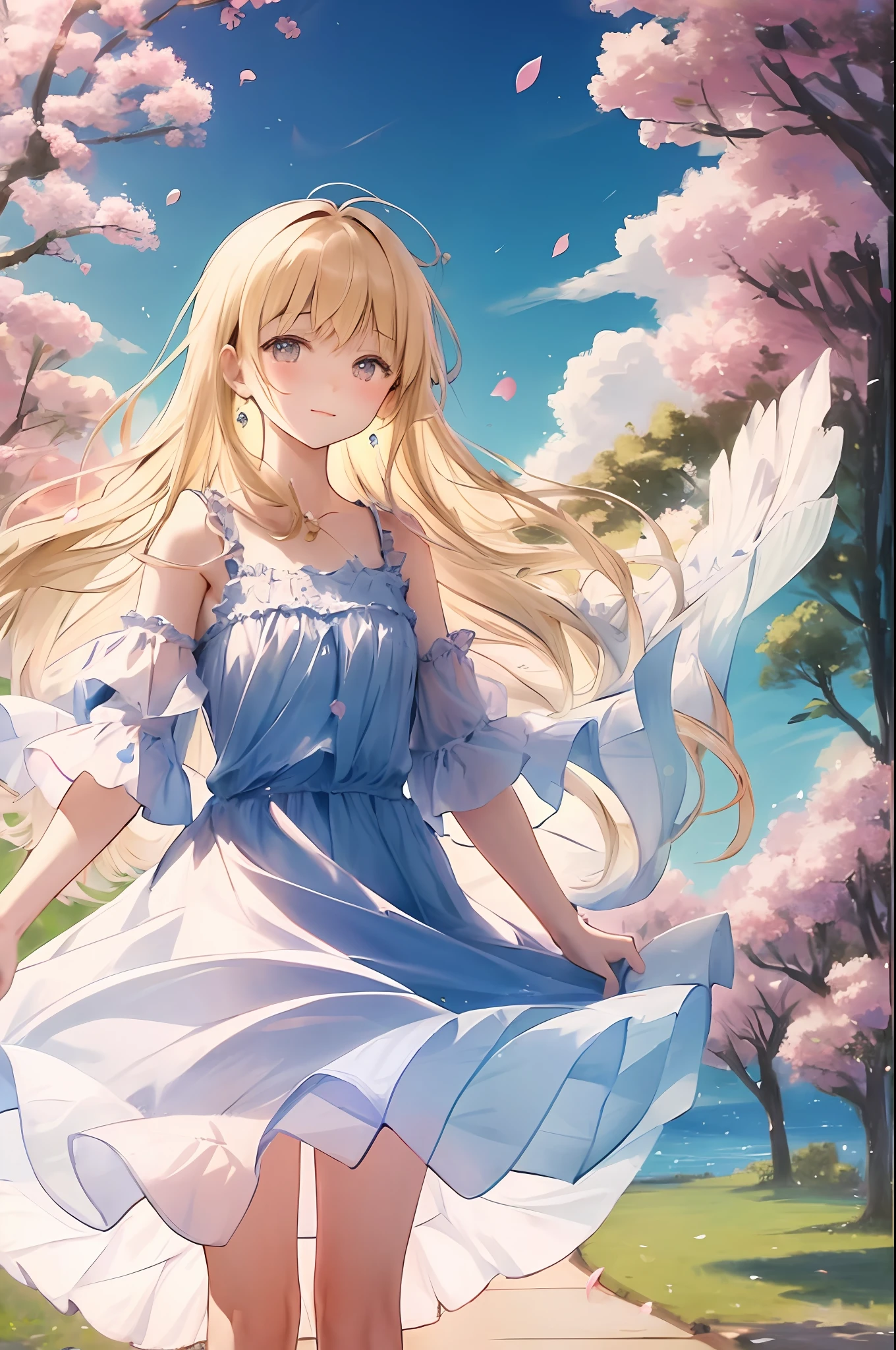 Cornflower art, dreamy
cherry_blossoms, falling_petals, petal, branch, pink_flower, 1 girl,20 years old, blue_sky, spring_\(season), petals_on_liquid, flowers, hanami, dress,wearing garland,sky, outdoors, clouds, bangs, smile, pink_eyes, white skirt with cherry blossom decoration, bare_ shoulders, earrings, holding_flower, wind, tree, looking_at_viewer,cowboy shots, caramel eyes, blonde hair, skirt soaring in the wind, white shorts,