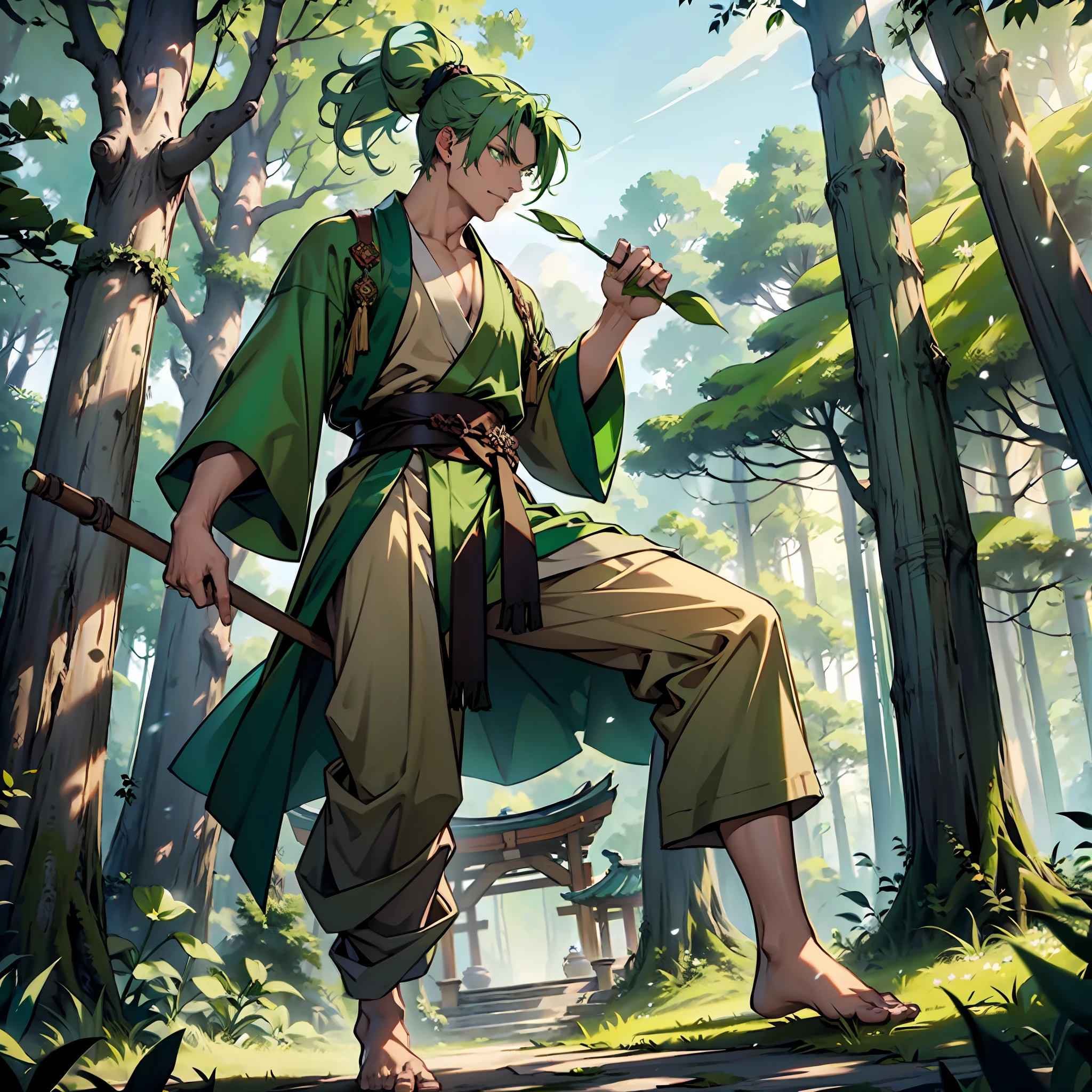 Gorgeous man, thin, green robe with rips, brown colored blouse under the robe, green colored arabic pants, barefoot, green hair in ponytail, green colored eyes, Korean appearance, holding an aged staff, tulip flower in the left ear, indifferent look, fighting pose, mystical forest scenery.