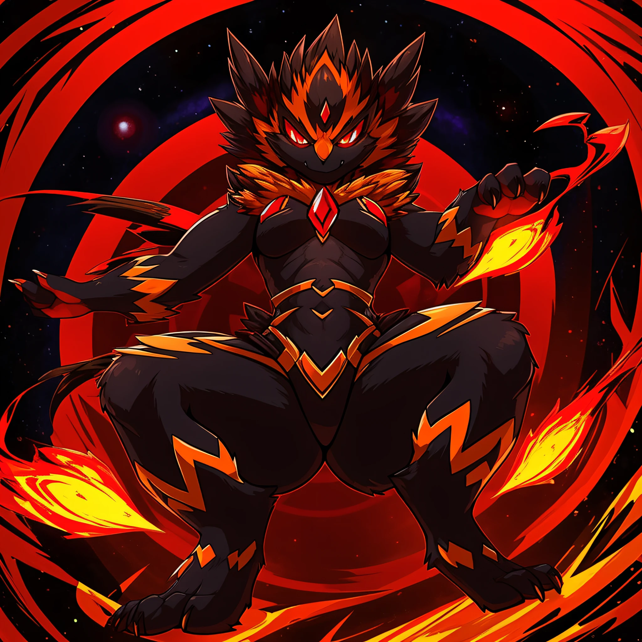 Tarantula, orange and black in color, blood ruby gemstones, fire spinning all around the tarantula, a solar flare in the sky above, masterpiece, best quality ((In Fantastic Art Style))