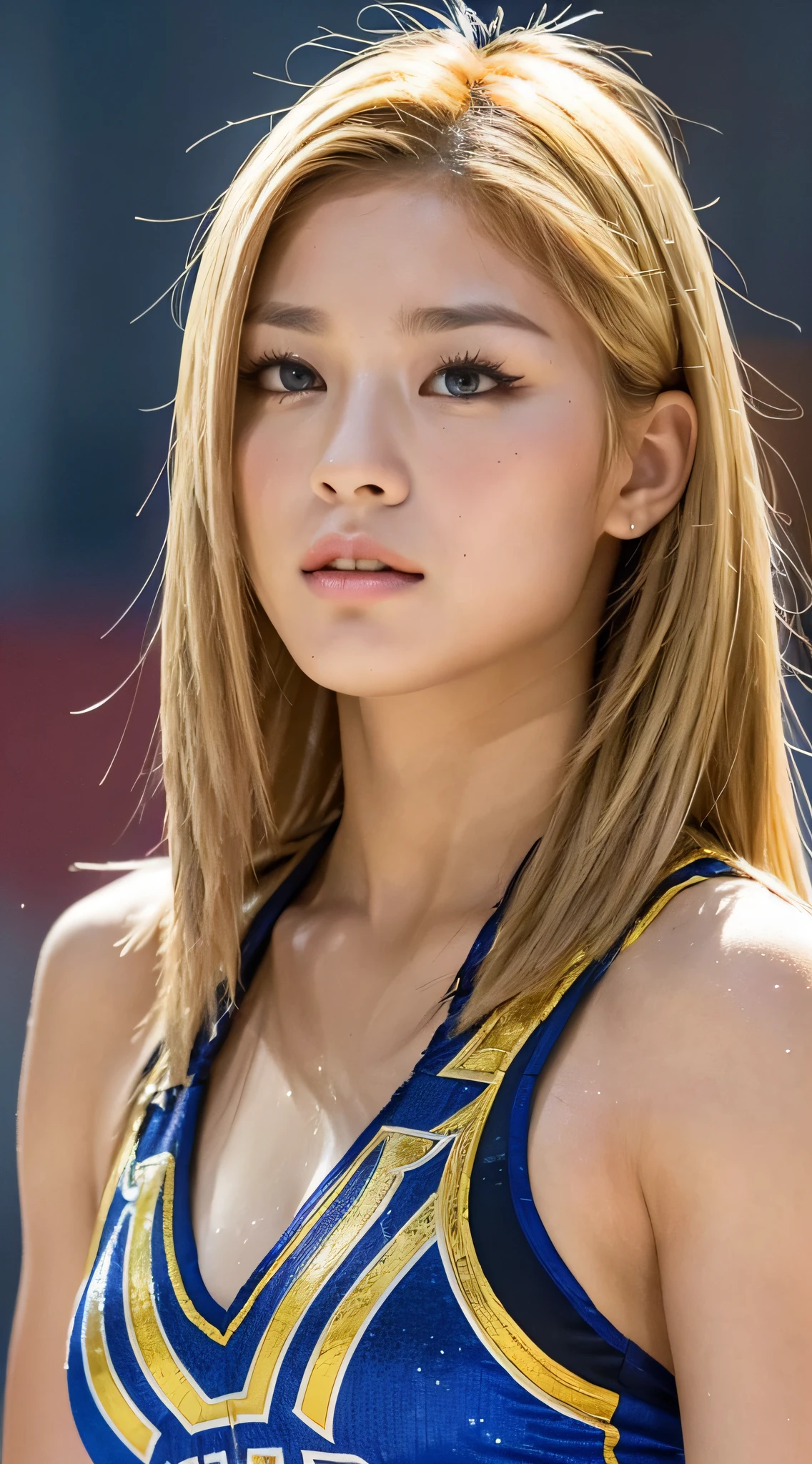 ((Top Quality, 8K, Masterpiece: 1.3)), Sharp: 1.2, Perfect Body Beauty: 1.4, Slim Abs: 1.2, ((Layered Hairstyle, Big: 1.2)), (Rain, Street: 1.2)), Wet: 1.5, Highly Detailed Face and Skin Texture, Detailed Eyes, Single Eyelids, Sides Looking at the Camera, Golden Hair, Wrestling, Portrait photo of hot woman wearing college wrestling singlet, professional wrestling, muscle, anger