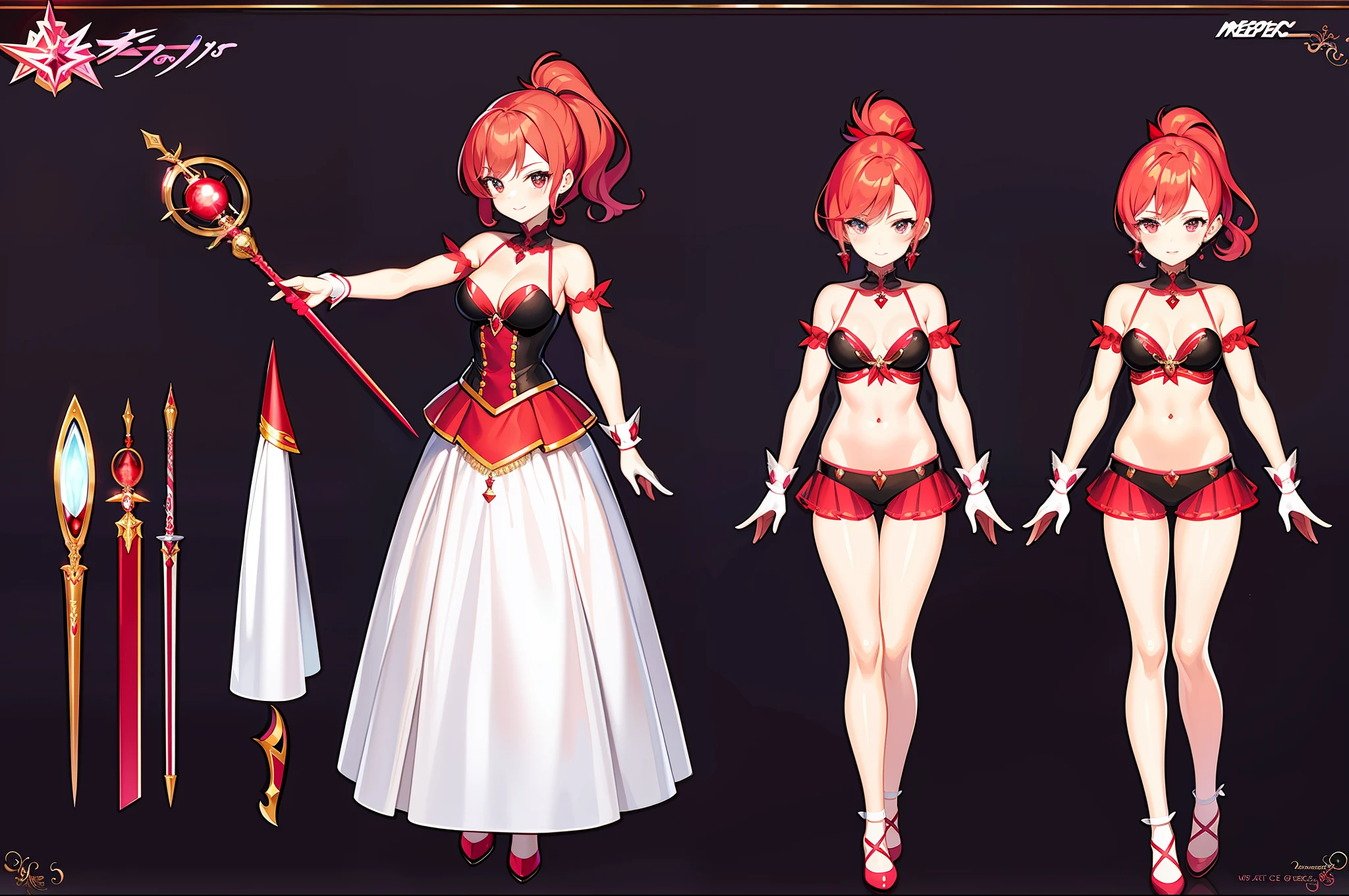 masterpiece,(best quality) magical girl, wepon, red, short hair, medium sized breasts, unique design, stockings,red and black, magical girl, fullbody,wand, ponytail, boob window, exposed stomach,( ( character concept art ) )