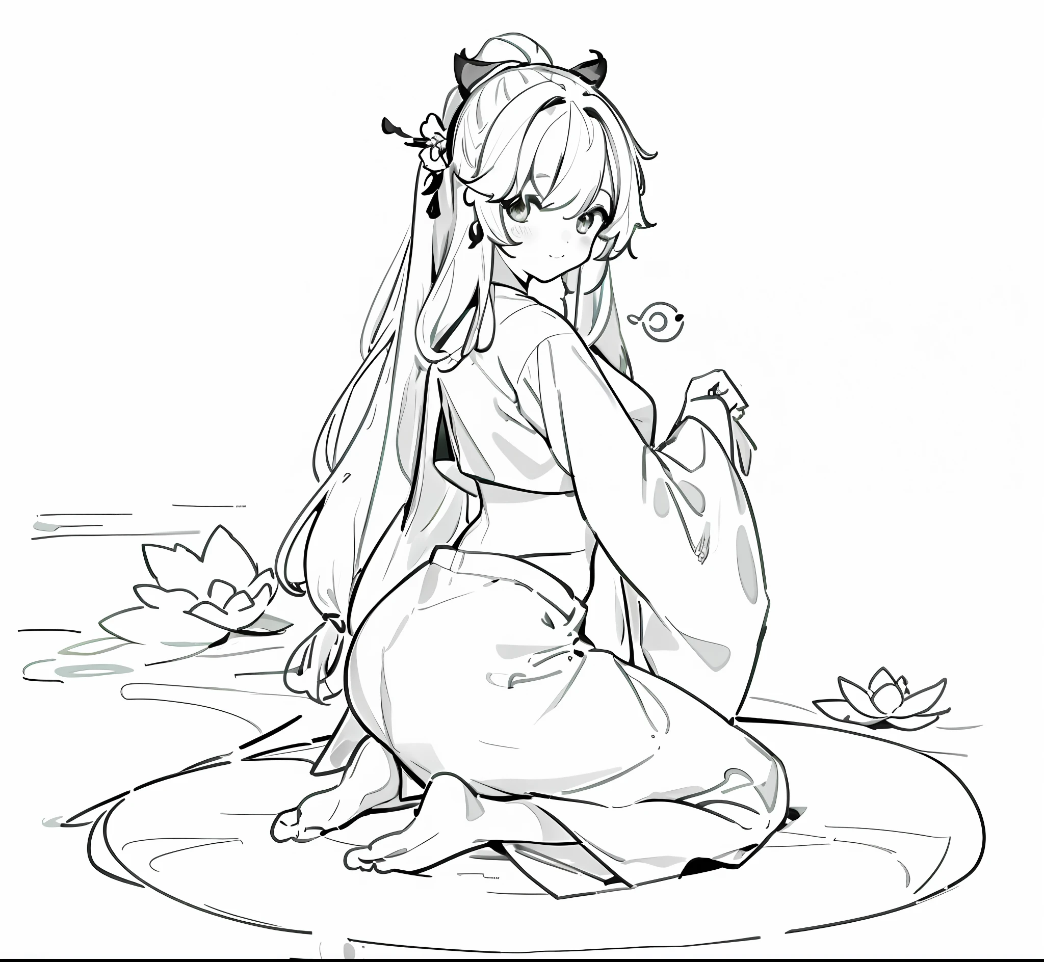 a drawing of a woman sitting on a lily pad, small curvy , thick black lineart, beautiful anime girl squatting, thick lineart, simple lineart, extremely fine ink lineart, clean anime outlines, keqing from genshin impact, clean lineart, genshin, lolidress, standing gracefully upon a lotus, various pose