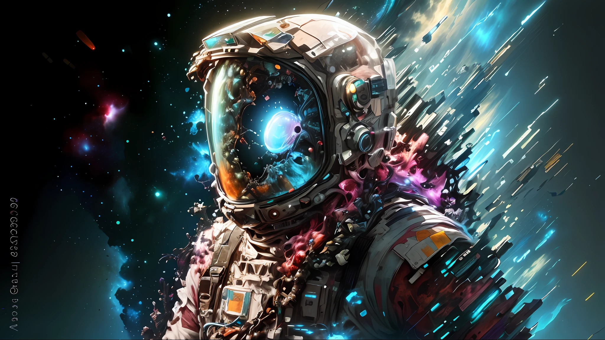 a close up of a person in a space suit with a colorful paint splatter, astronaut lost in liminal space, intricate broken space helmet, portrait of an ai astronaut, space graphics art in background, sci-fi digital art illustration, futuristic astronaut, dan mumford. 8 k octane render, highly detailed vfx portrait of, portrait of astronaut, astronaut cyberpunk electric, BioPunkAI