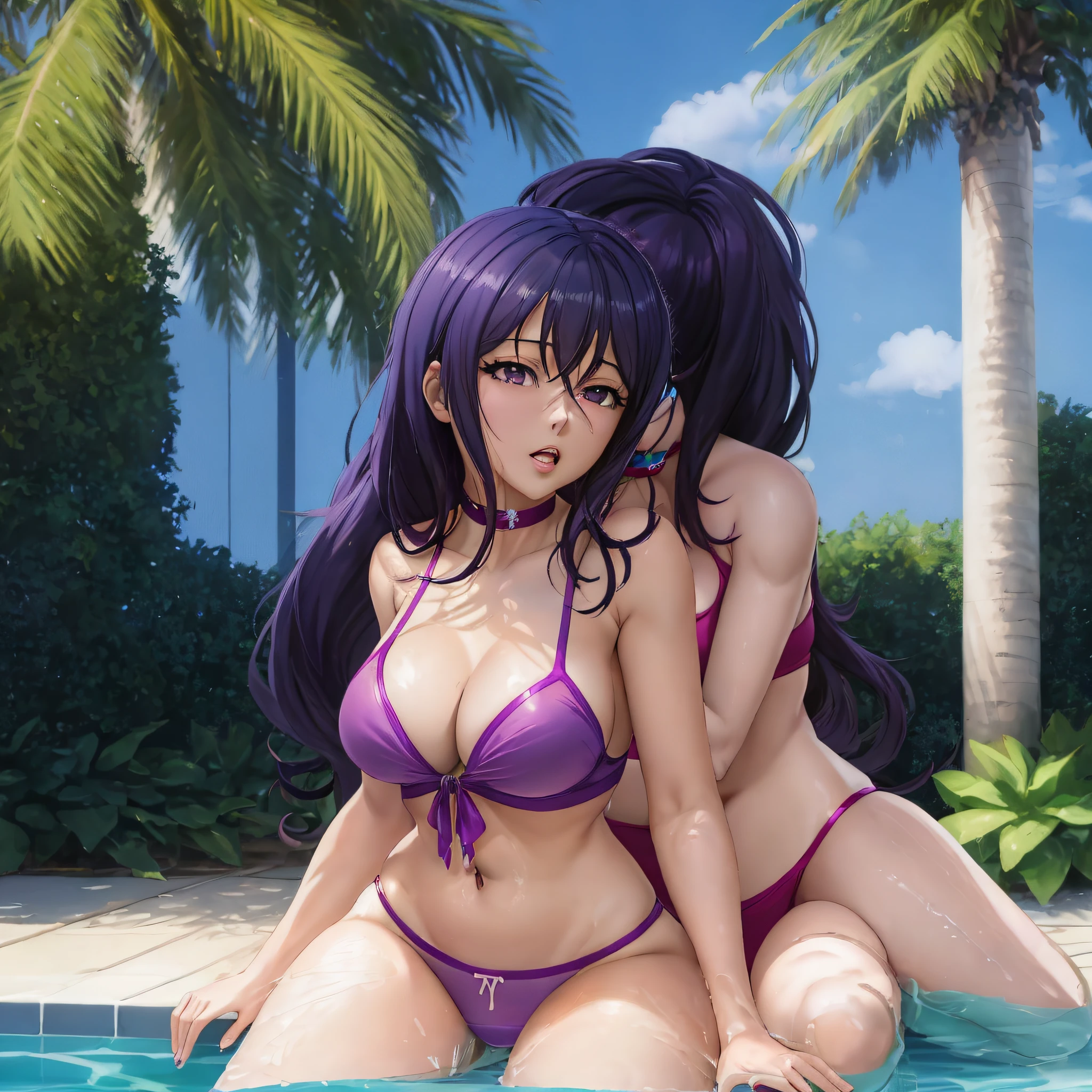 Anime girl in a purple bikini by a pool, seductive anime girl, realistic bikini, Nico Robin, commission for high resolution, next to a pool, beautiful seductive anime woman, extremely detailed anime art, detailed digital anime art, digital anime illustration, digital anime art, digital anime art!!, [4K digital art]!!,  Soft CG Anime Art, Sexual Arousal