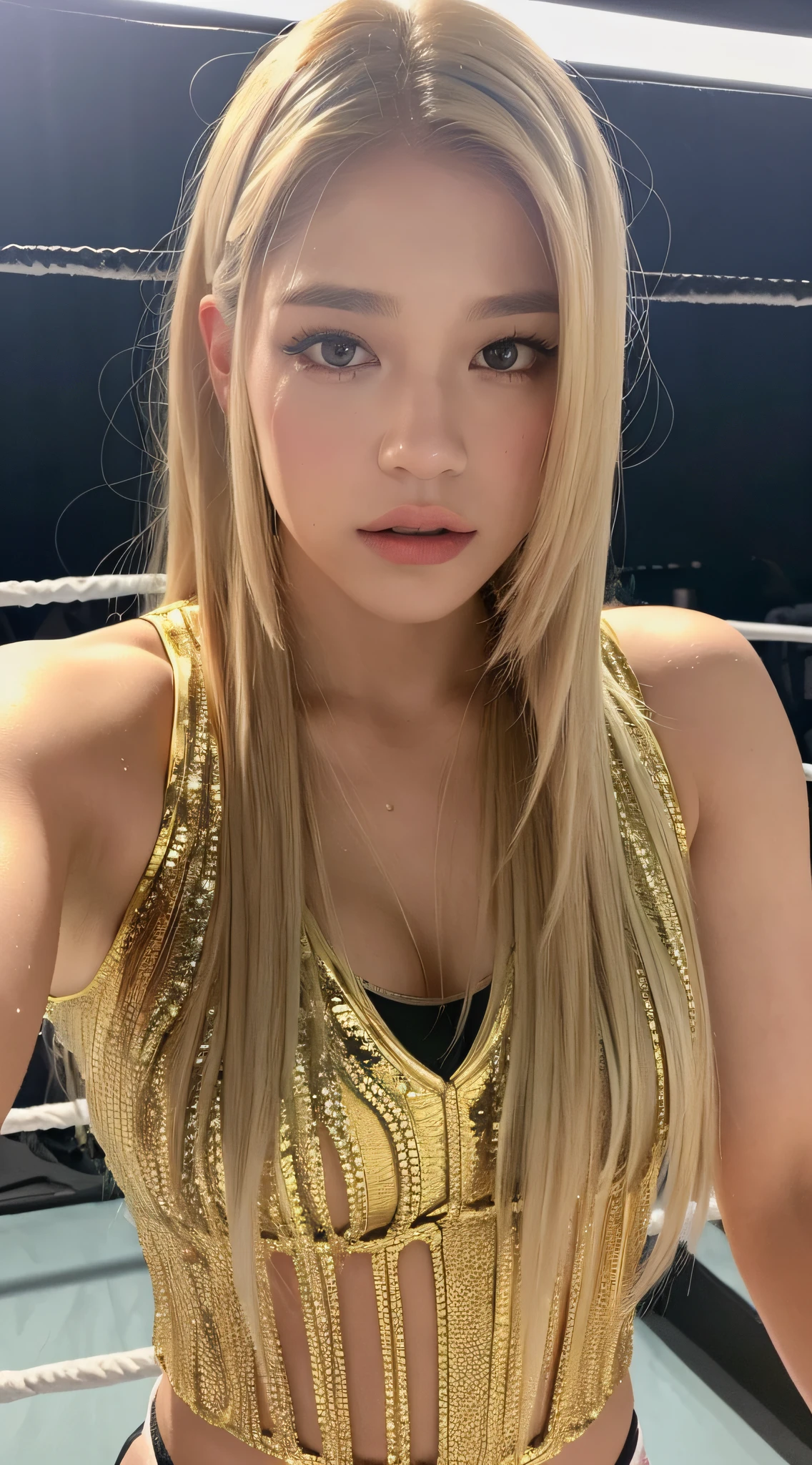 ((Top Quality, 8K, Masterpiece: 1.3)), Sharp: 1.2, Perfect Body Beauty: 1.4, Slim Abs: 1.2, ((Layered Hairstyle, Big: 1.2)), (Rain, Street: 1.2)), Wet: 1.5, Highly Detailed Face and Skin Texture, Detailed Eyes, Single Eyelids, Sides Looking at the Camera, Golden Hair, Wrestling, Portrait photo of hot woman wearing college wrestling singlet, professional wrestling, muscle
