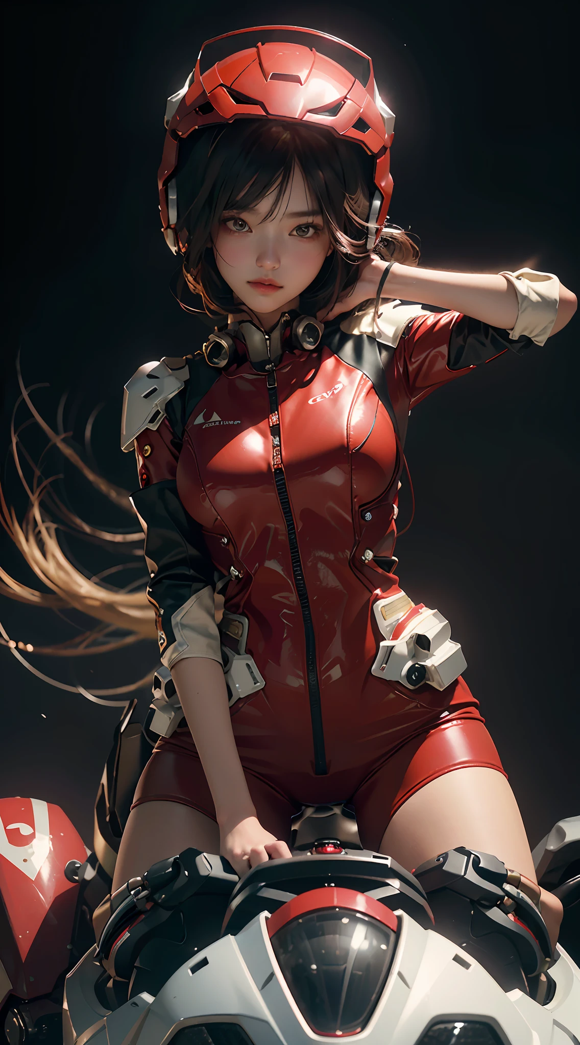 Highest quality, outstanding details, ultra-high resolution, (fidelity: 1.4), the best illustrations, favor details, highly condensed 1girl, with a delicate and beautiful face, wearing a bright red mecha, wearing a mecha helmet, holding a direction controller, riding on a motorcycle, the background is a high-tech lighting scene of the future city.