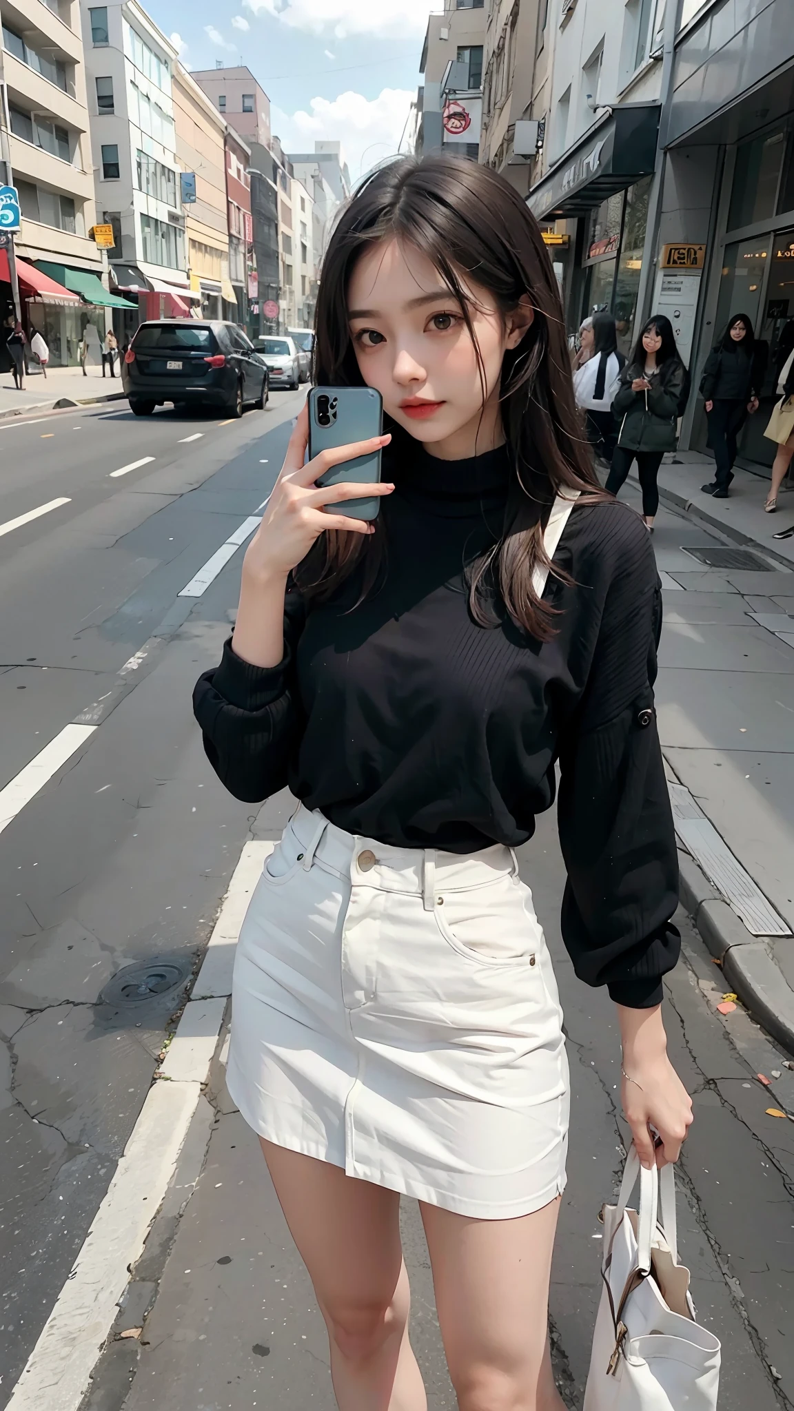 Beautiful woman, fiddling with cell phone in the middle of the street, short clothes