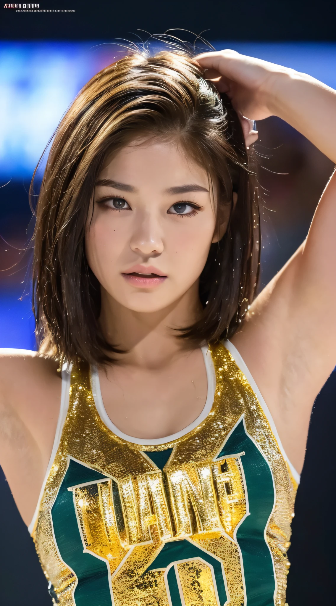 ((Top Quality, 8K, Masterpiece: 1.3)), Sharp: 1.2, Perfect Body Beauty: 1.4, Slim Abs: 1.2, ((Layered Hairstyle, Big: 1.2)), (Rain, Street: 1.2)), Wet: 1.5, Highly Detailed Face and Skin Texture, Detailed Eyes, Single Eyelids, Sides Looking at the Camera, Golden Hair, Wrestling, Portrait photo of hot woman wearing college wrestling singlet, professional wrestling, muscle