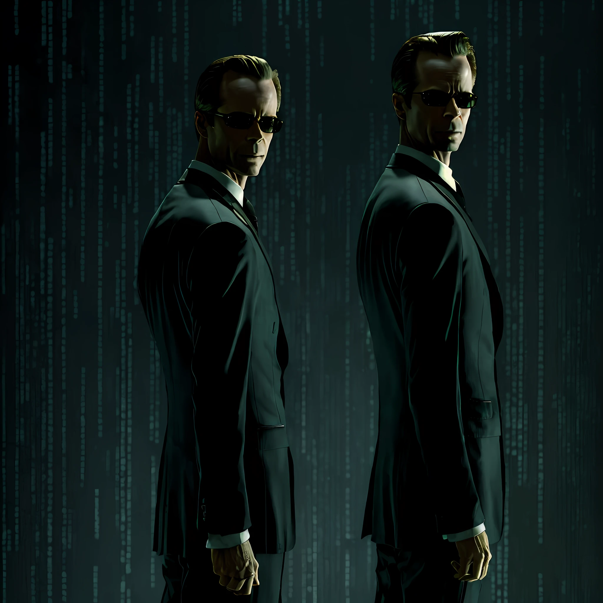 ((best quality)), ((masterpiece)), (detailed) fan art of evil man (GUY PEARCE) in a pitch black suit with his back to the camera, ((GUY PEARCE face)) back looking away, GUY PEARCE, the matrix (1999), square sunglasses, night, 80mm, ((western animation)), (neo the matrix (1999)), (short hair), (tokyo street nights)