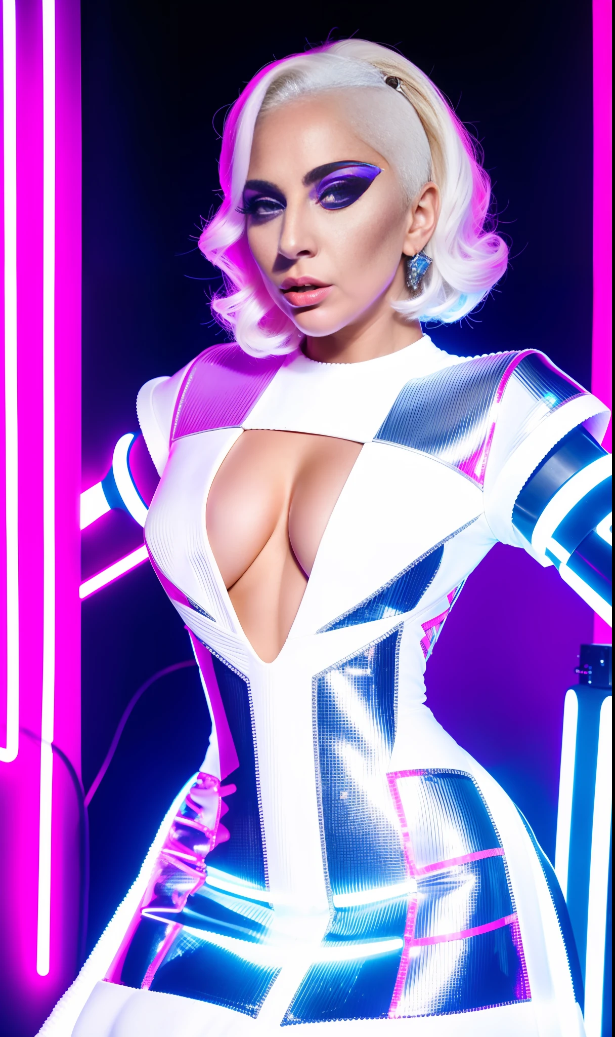 Lady Gaga Photo, 4K Texture, Robotic White Dress,Neon,White Hair, 8k Image, Haute Couture, Flashes, High Image Quality,Neon Dress, Realistic Face, Various Body Poses, Full Body, 8K Image,HD